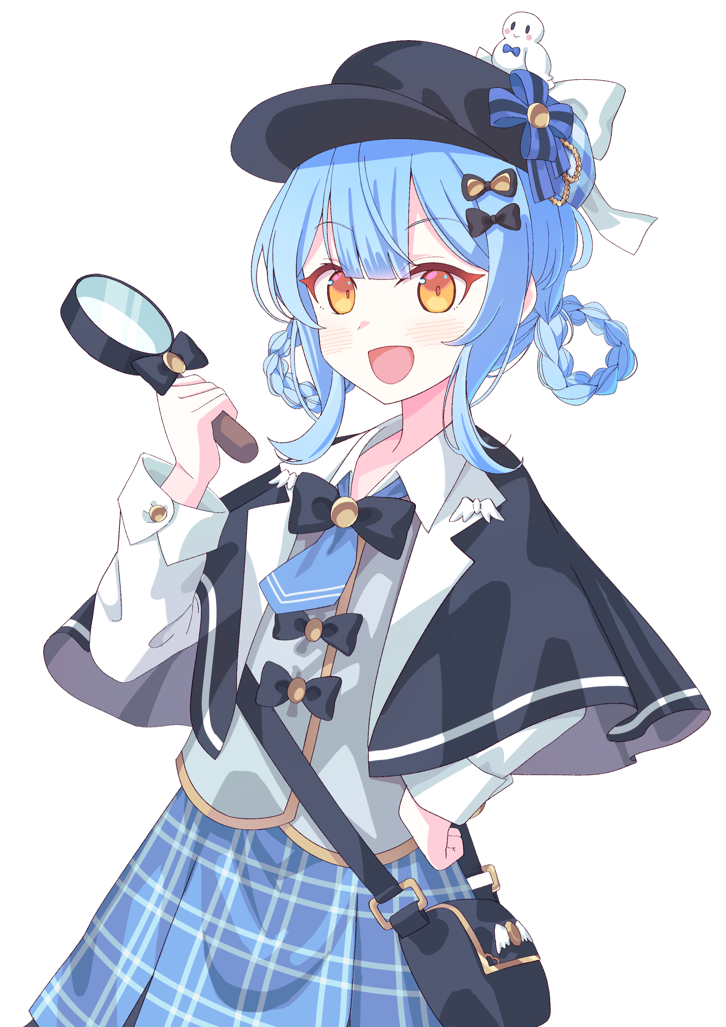 tachibana sherry, mahou shoujo no majo saiban, highres, 1girl, :d, black bag, black bow, black capelet, black hat, blue hair, blue necktie, blue skirt, bow, braid, braided hair rings, capelet, collared shirt, deerstalker, detective, grey vest, hair rings, hand on own hip, hand up, hat, holding, holding magnifying glass, long sleeves, looking at viewer, magical girl, magnifying glass, necktie, open mouth, plaid clothes, plaid skirt, pleated skirt, shirt, short hair, simple background, skirt, smile, solo, standing, tanuki soutou x, vest, white background, white shirt, yellow eyes