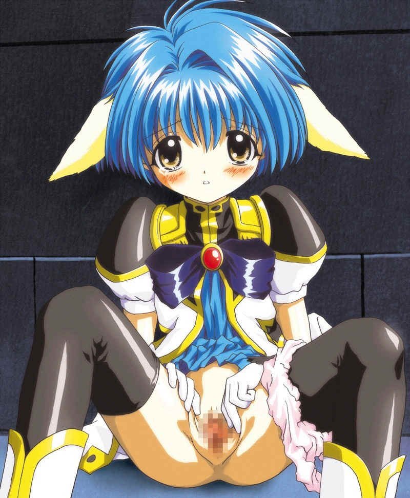 mint blancmanche, galaxy angel, 00s, 1girl, animal ears, blue hair, blush, censored, clothes lift, dress, dress lift, female focus, gloves, indoors, looking at viewer, mosaic censoring, panties, panties around leg, puffy sleeves, pussy, short dress, short hair, solo, spread pussy, tears, thighhighs, underwear, yellow eyes