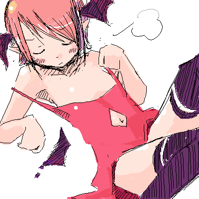 shiba yuusuke, lilith (darkstalkers), capcom, darkstalkers, lowres, 1girl, armpits, bat wings, black thighhighs, casual, closed eyes, demon girl, female focus, flat chest, head wings, navel, oekaki, red hair, short hair, sitting, solo, thighhighs, wings
