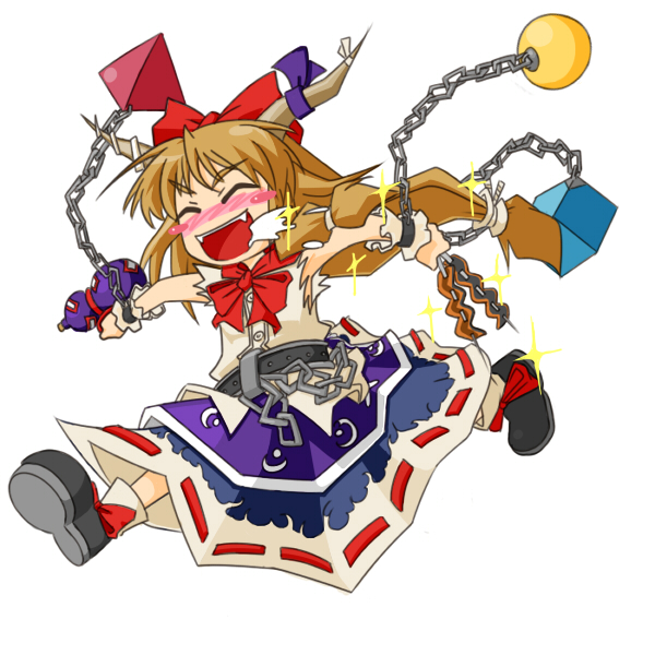 wabi (wbsk), wabi tsubaki, ibuki suika, touhou, 1girl, chain, female focus, horn ornament, horn ribbon, horns, oni, ribbon, solo