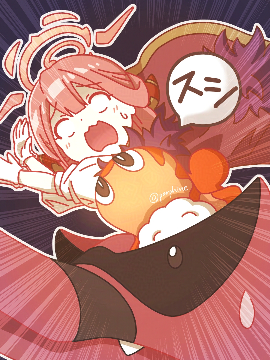 pori, aru (blue archive), krookodile, tatsugiri, blue archive, nintendo, pokemon, commentary request, highres, translation request, 1girl, blank eyes, blush, crossover, emphasis lines, gen 5 pokemon, gloves, halo, open mouth, pink hair, pokemon (creature), puffy sleeves, purple background, shirt, shouting, speech bubble, sweatdrop, white gloves, white shirt