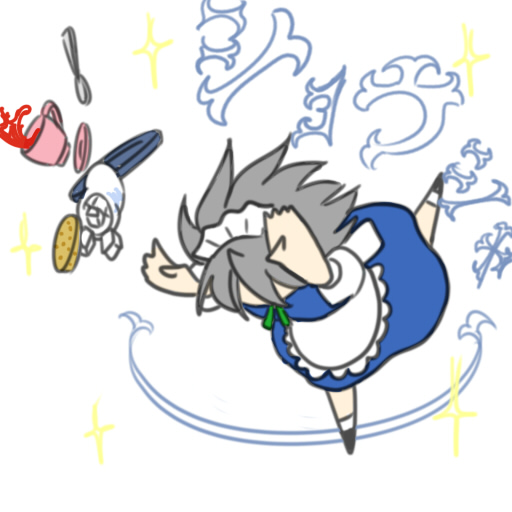 wabi (wbsk), wabi tsubaki, izayoi sakuya, touhou, silver hair, 1girl, blood, cup, female focus, maid, solo, teacup, tripping