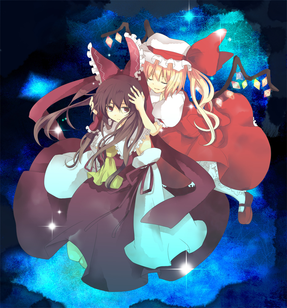 akarino, akarino (yucco), flandre scarlet, hakurei reimu, touhou, 2girls, blonde hair, brown hair, detached sleeves, female focus, hat, japanese clothes, long hair, miko, multiple girls, ribbon, wings