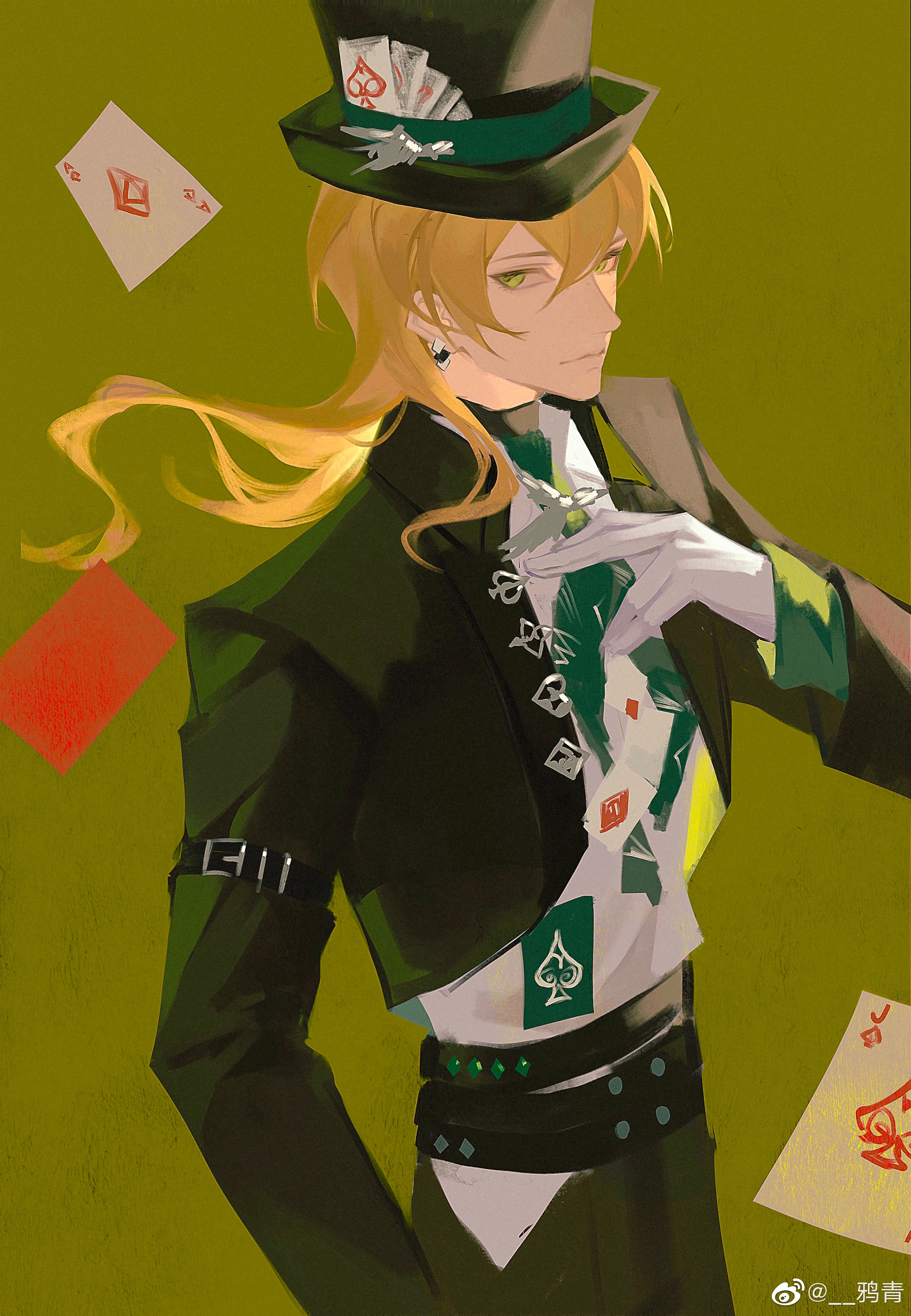 yaqing, alkaid mcgrath, lovebrush chronicles, absurdres, chinese commentary, highres, 1boy, ace (playing card), ace of diamonds, ace of spades, alkaid mcgrath (whirling whimsical troupe), belt, black belt, black hat, black jacket, black pants, black shirt, blonde hair, card, closed mouth, club (shape), collared jacket, cowboy shot, cropped jacket, diamond-shaped earrings, diamond (shape), earrings, floating card, gloves, green background, green necktie, hair between eyes, hand on own chest, hand on own hip, hat, hat ornament, heart, jacket, jewelry, lapel pin, light smile, long hair, long sleeves, looking at viewer, male focus, necktie, official alternate costume, open clothes, open jacket, pants, playing card, playing card hat ornament, popped collar, shirt, sideways glance, simple background, sleeve garter, solo, spade (shape), standing, top hat, turtleneck, turtleneck shirt, undershirt, untucked shirt, watermark, weibo watermark, white gloves, white shirt