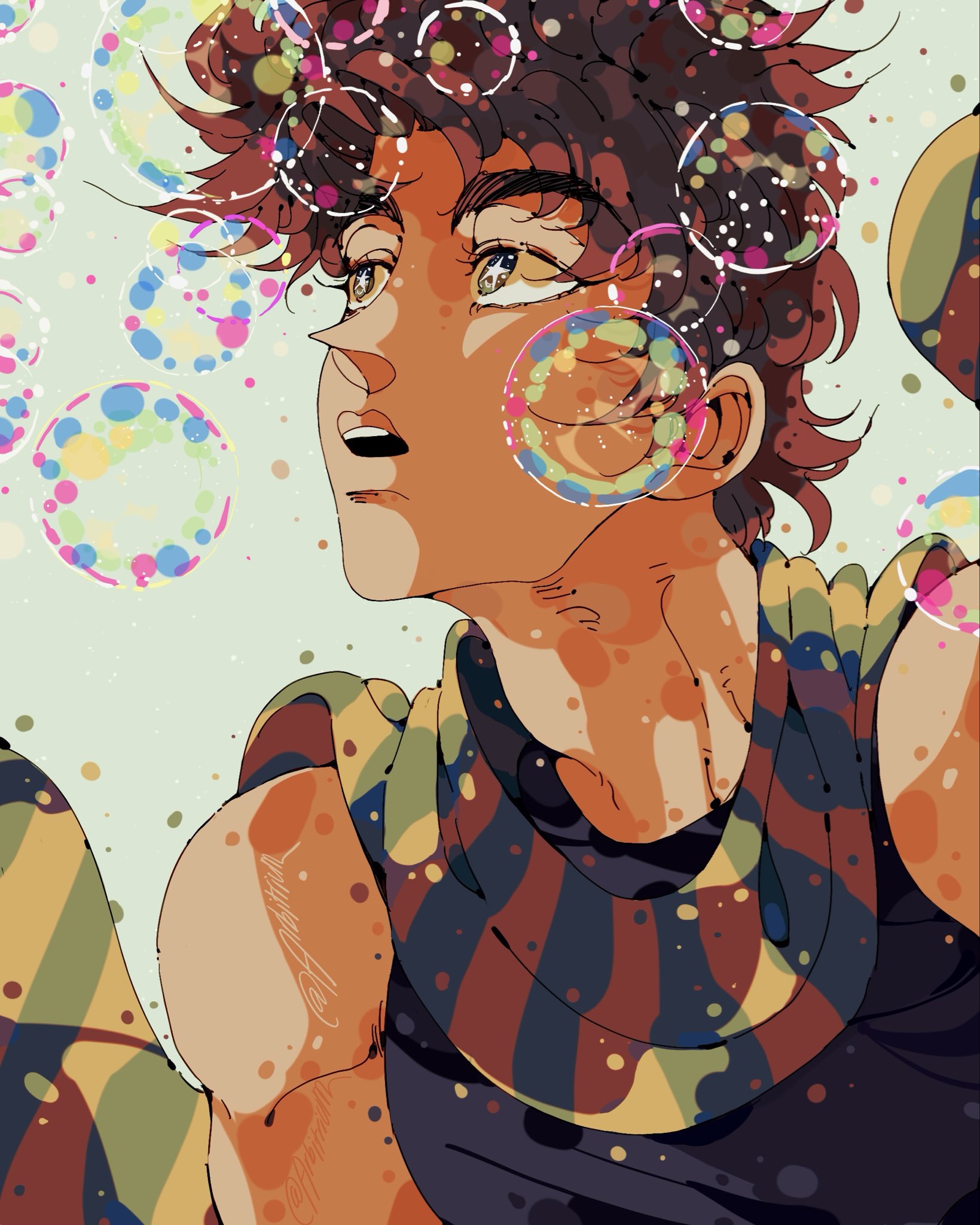 arbitrium, joseph joestar, joseph joestar (young), battle tendency, jojo no kimyou na bouken, commentary, english commentary, highres, 1boy, black tank top, brown hair, bubble, green eyes, green scarf, male focus, multicolored scarf, open mouth, scarf, solo, star-shaped pupils, star (symbol), striped clothes, striped scarf, symbol-shaped pupils, tank top, yellow scarf