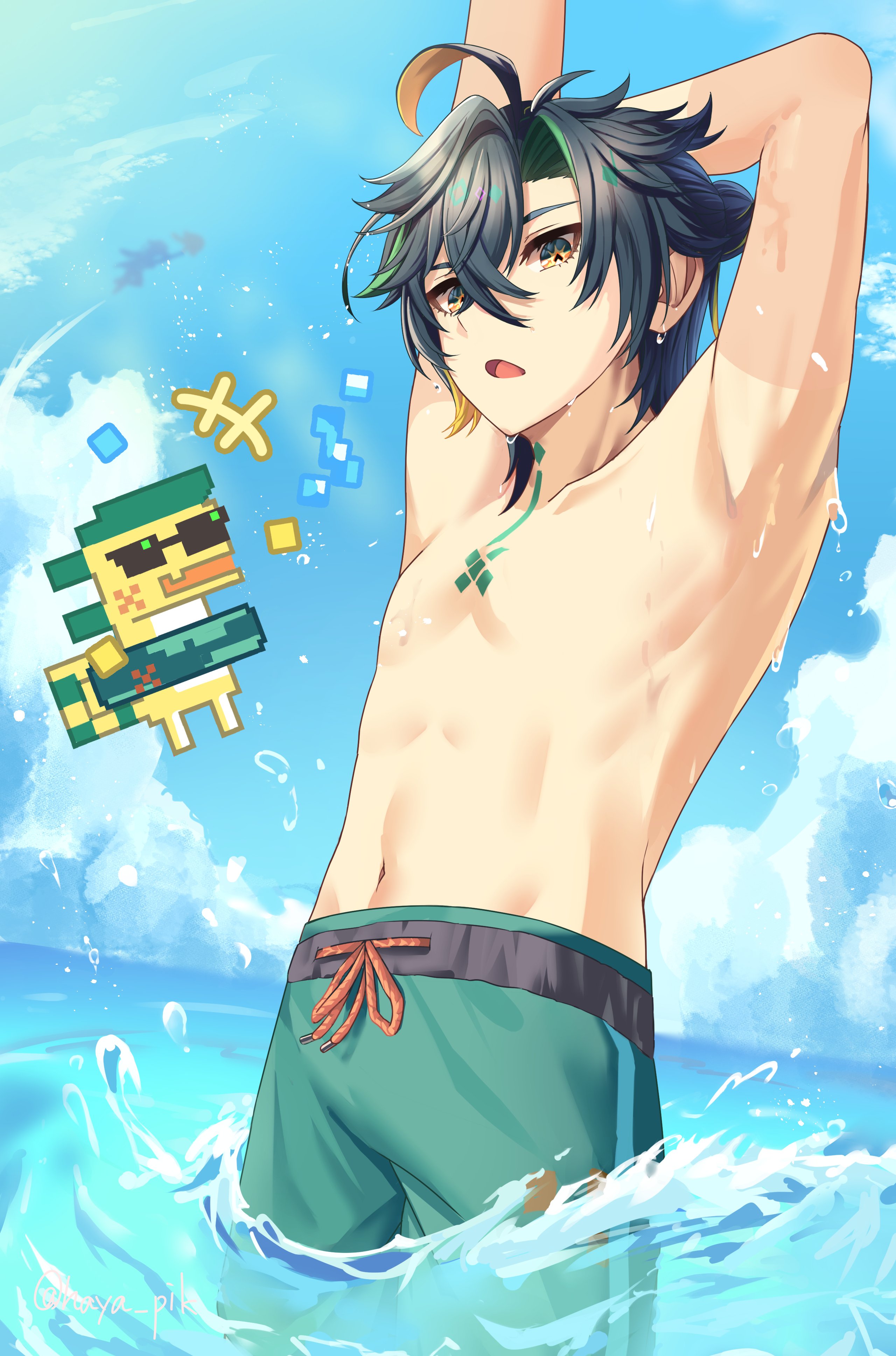 haya pik, ajaw (genshin impact), kinich (genshin impact), genshin impact, absurdres, highres, 1boy, armpits, arms up, beach, black hair, blonde hair, chest tattoo, green eyes, green hair, green male swimwear, hair between eyes, male focus, male swimwear, multicolored hair, navel, neck tattoo, ocean, open mouth, solo, stomach, streaked hair, tattoo, topless male, water