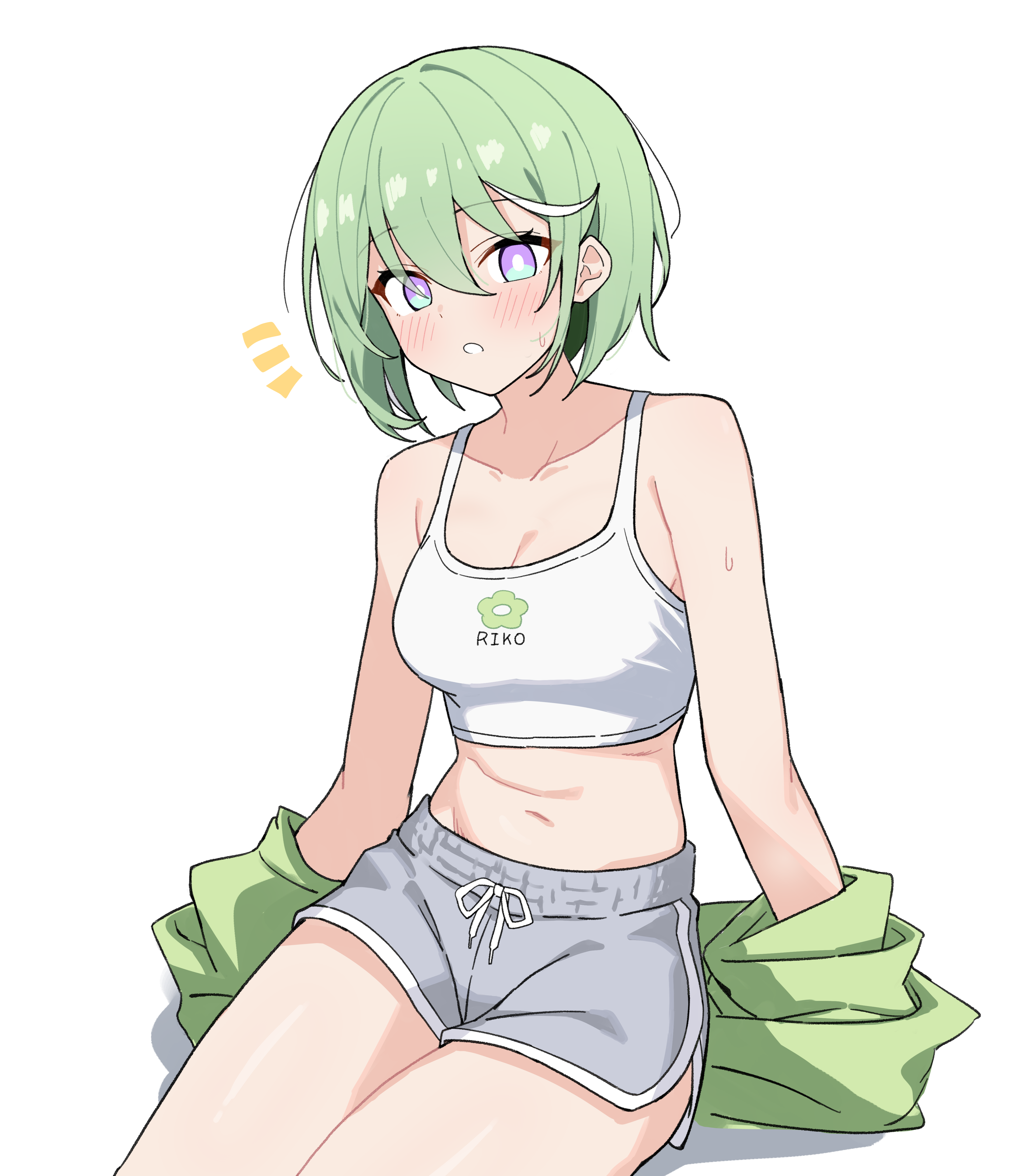 yuzuha riko, stellive, absurdres, commentary request, highres, korean commentary, 1girl, arms at sides, blush, breasts, bright pupils, character name, cleavage, coat, collarbone, cowboy shot, crop top, dolphin shorts, green jacket, grey shorts, hair between eyes, jacket, jacket partially removed, large breasts, long bangs, midriff, multicolored hair, nal muck, navel, notice lines, parted lips, print camisole, purple eyes, short shorts, shorts, simple background, sitting, solo, streaked hair, sweat, virtual youtuber, white background, white coat, white pupils