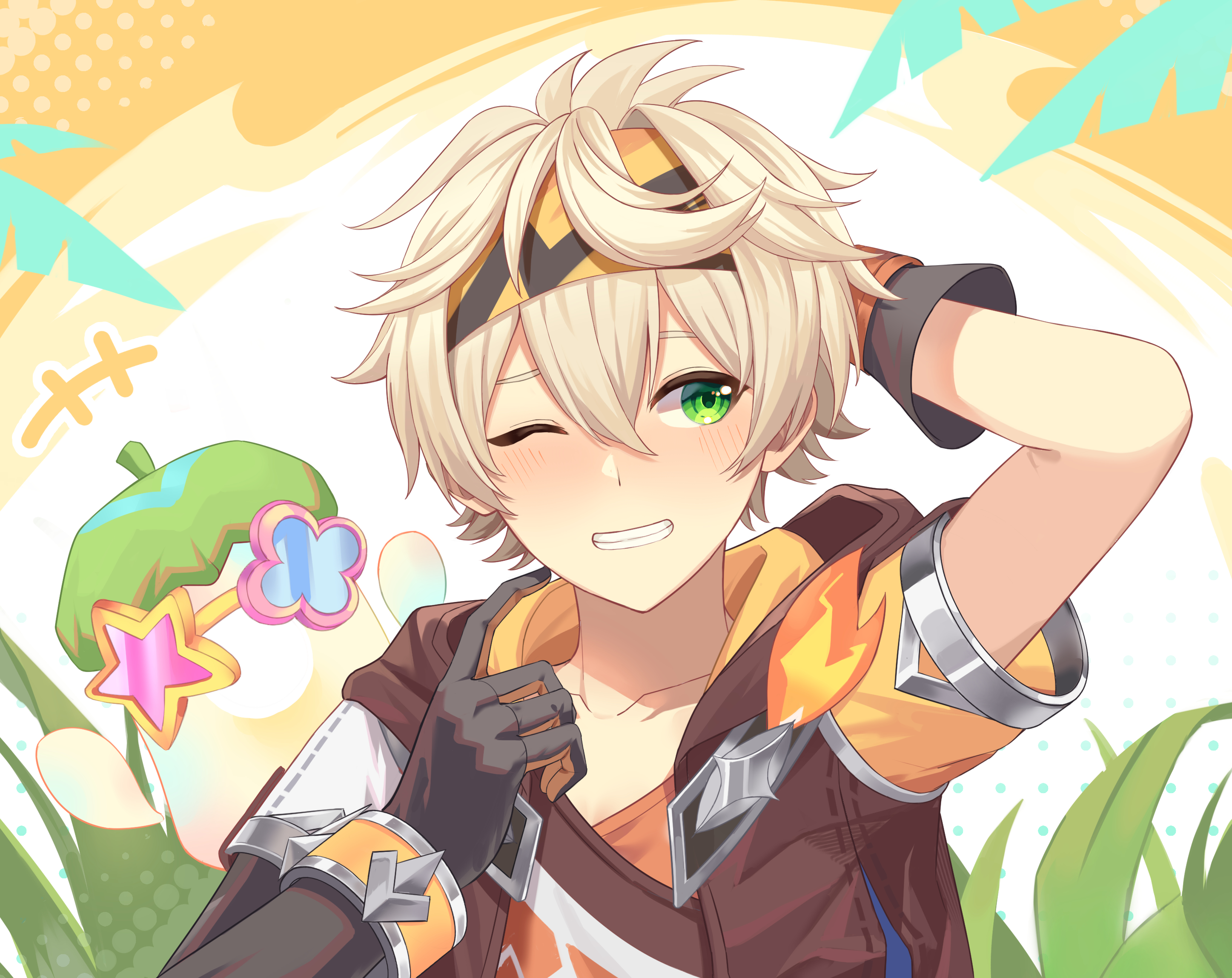 haya pik, asha (genshin impact), bennett (adventures in blazing hue) (genshin impact), bennett (genshin impact), genshin impact, highres, 1boy, black gloves, blush, brown jacket, gloves, green eyes, hair between eyes, headband, jacket, male focus, multicolored headband, official alternate costume, one eye closed, short hair, simple background, solo, star-shaped eyewear, star (symbol), teeth, white hair, yellow headband