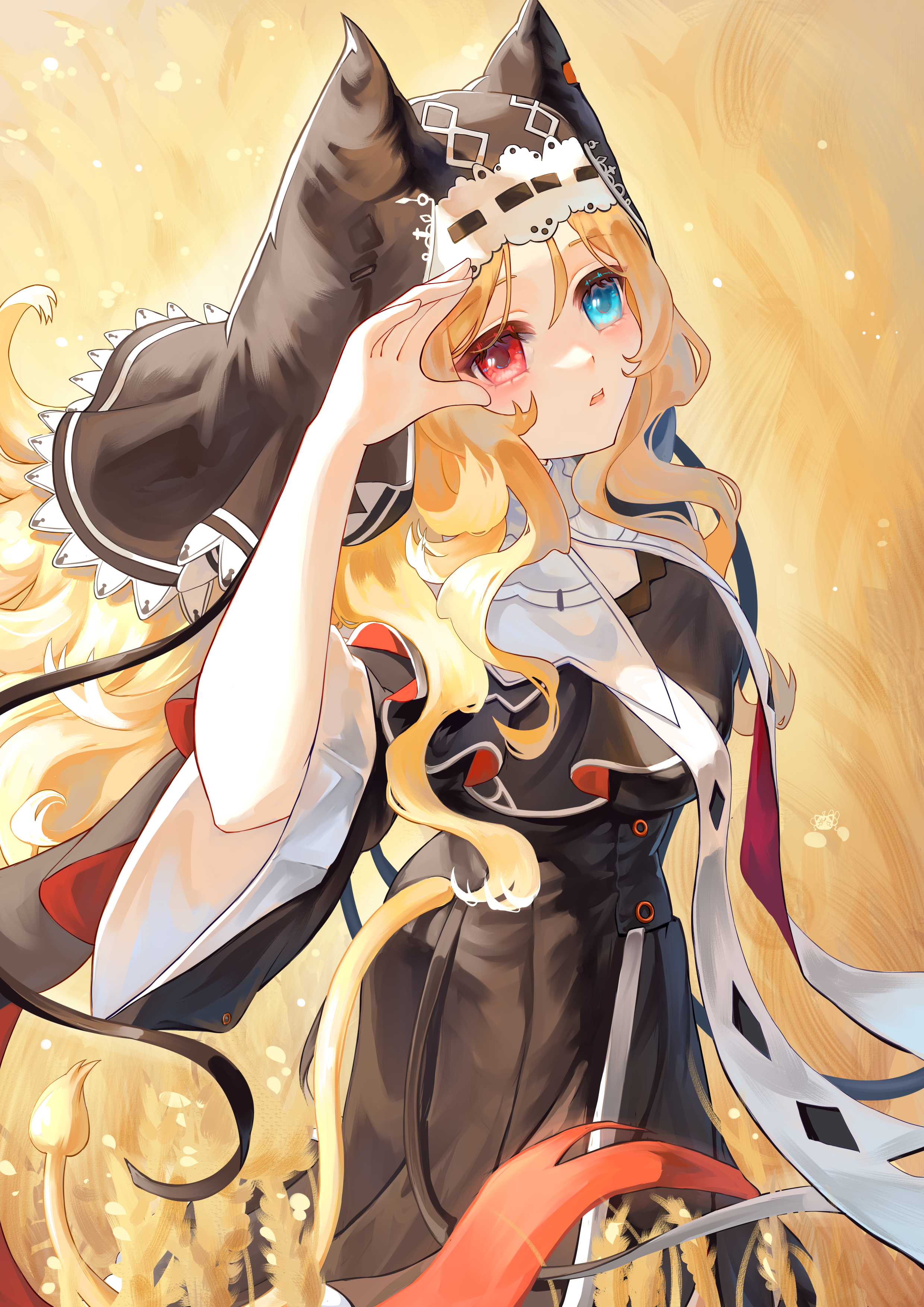 rimu (pixiv83916925), archetto (arknights), archetto (glory of the devout) (arknights), arknights, absurdres, highres, 1girl, arm up, black dress, black veil, blonde hair, blue eyes, breasts, dress, ears under headwear, heterochromia, long hair, looking at viewer, nun, official alternate costume, red eyes, solo, veil, wheat field, wide sleeves