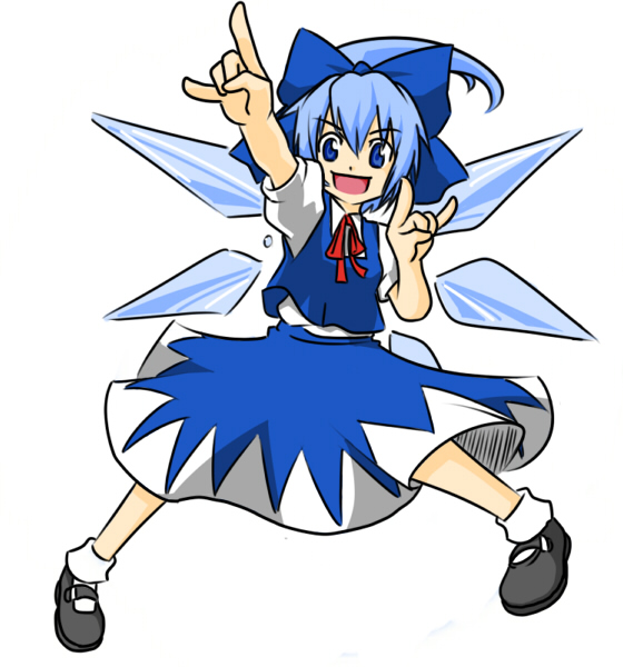 wabi (wbsk), wabi tsubaki, cirno, embodiment of scarlet devil, touhou, 1girl, m/, n/, blue eyes, blue hair, female focus, matching hair/eyes, ribbon, short hair, solo, wings