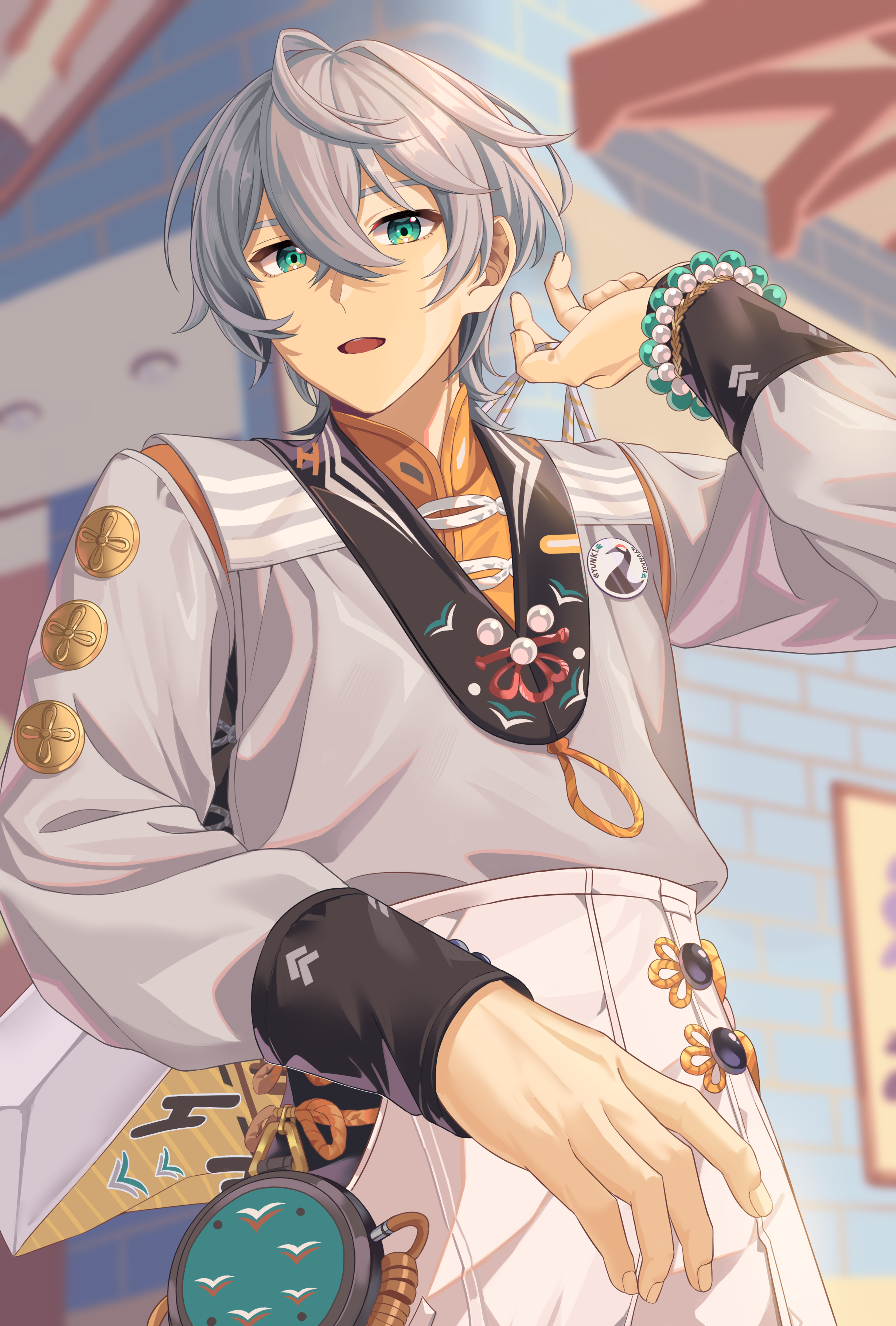 haya pik, wise (zenless zone zero), zenless zone zero, absurdres, highres, 1boy, beads, green eyes, grey hair, grey shirt, hair between eyes, long sleeves, looking at viewer, male focus, open mouth, pants, shirt, short hair, solo, white pants, wristband