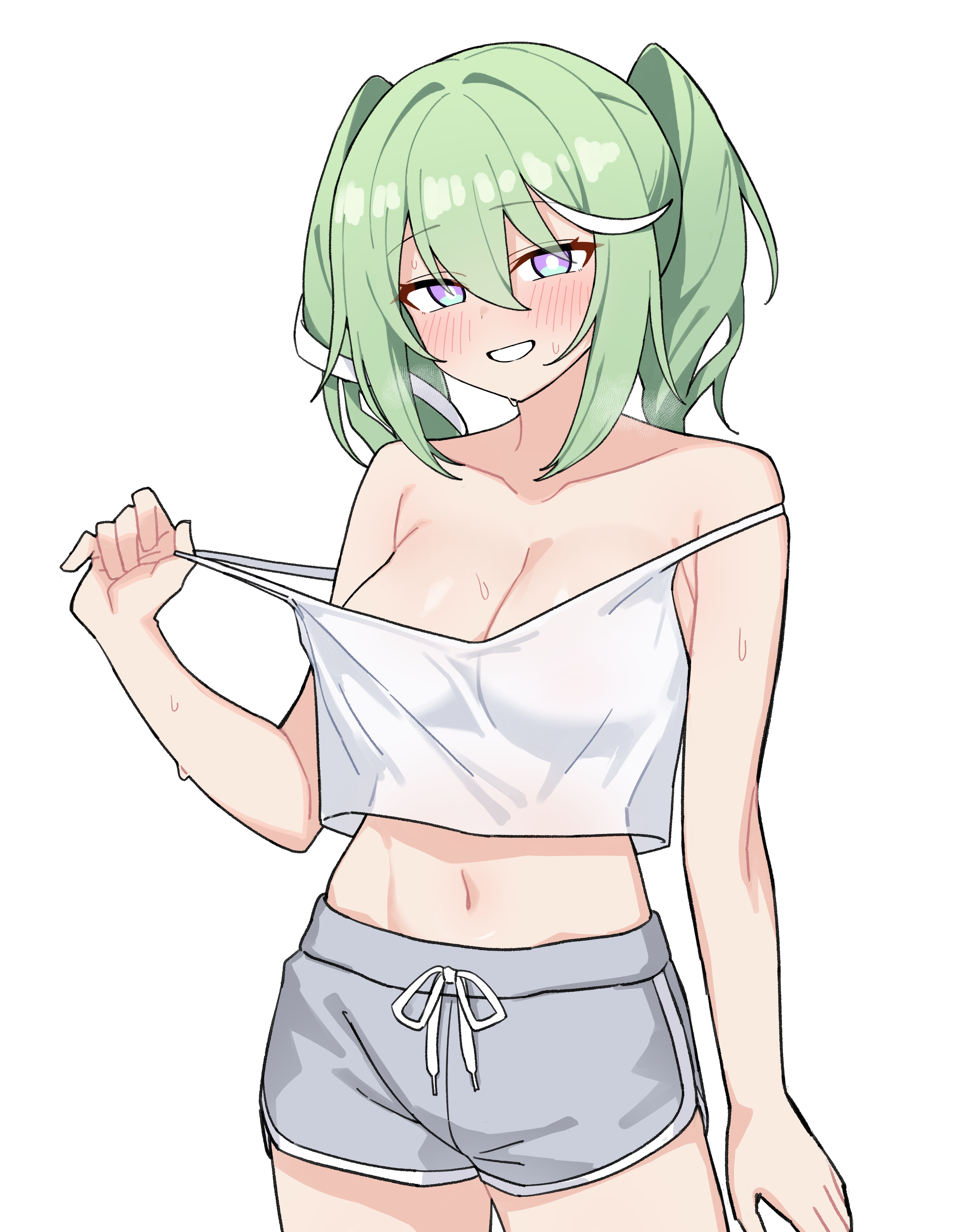yuzuha riko, stellive, absurdres, highres, 1girl, arm at side, blush, breasts, camisole, cleavage, collarbone, cowboy shot, crop top, crop top overhang, dolphin shorts, green hair, grey shorts, grin, hair between eyes, hand up, large breasts, long bangs, looking at viewer, medium hair, midriff, multicolored hair, nal muck, naughty face, navel, no bra, purple eyes, short shorts, shorts, simple background, smile, solo, standing, strap pull, strap slip, streaked hair, sweat, twintails, virtual youtuber, white background, white camisole