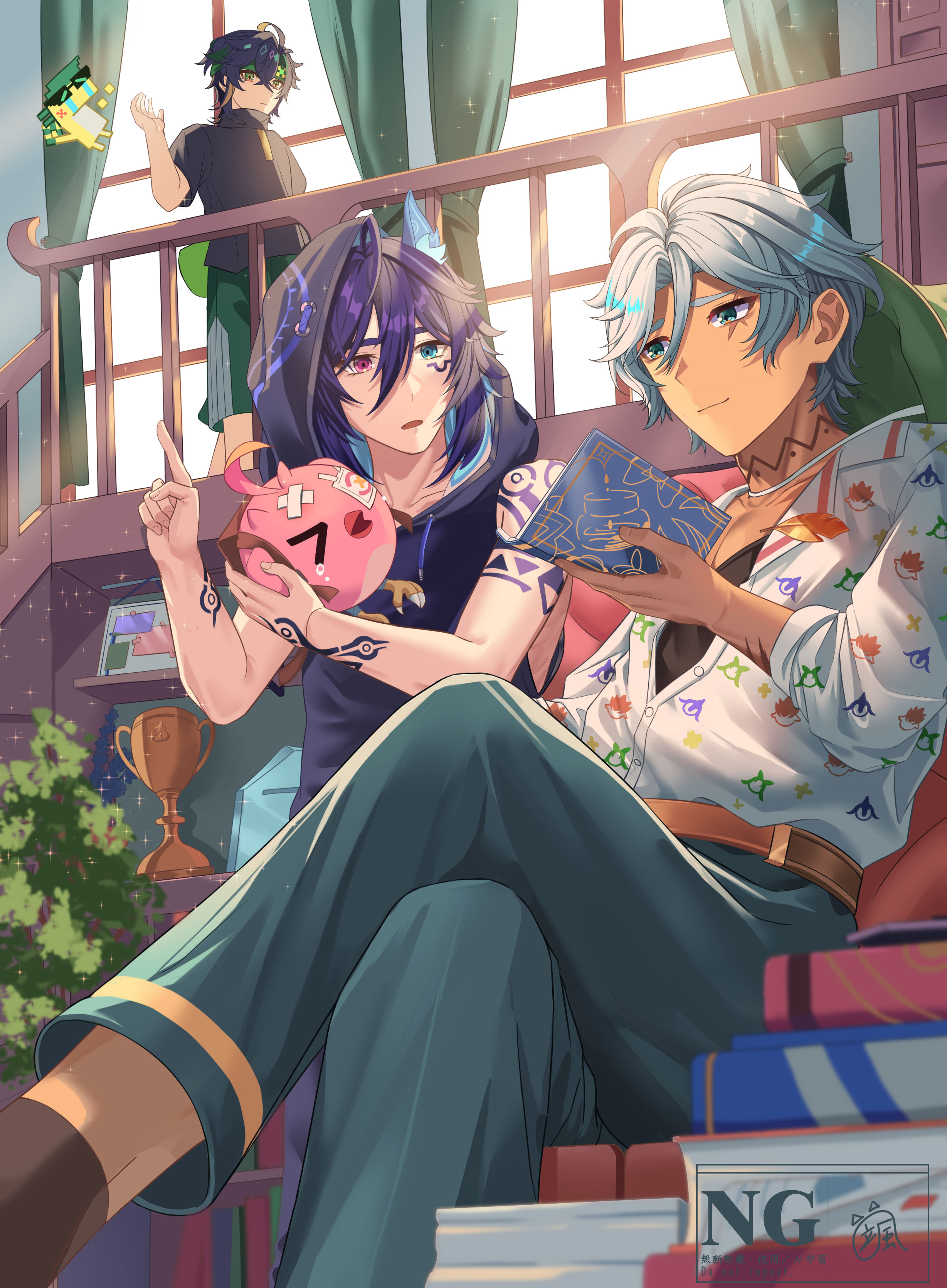 haya pik, ajaw (genshin impact), cacucu (genshin impact), ifa (genshin impact), kinich (genshin impact), ororon (genshin impact), genshin impact, absurdres, highres, 3boys, animal ears, aqua eyes, arm tattoo, bat ears, belt, black hair, black hood, black hoodie, black shirt, blue hair, closed mouth, green eyes, green hair, green headband, green pants, green shorts, grey hair, hand tattoo, headband, hood, hood up, hoodie, long hair, male focus, multicolored hair, multiple boys, neck tattoo, pants, purple hair, shirt, short hair, short sleeves, shorts, smile, streaked hair, tattoo, turtleneck, white shirt