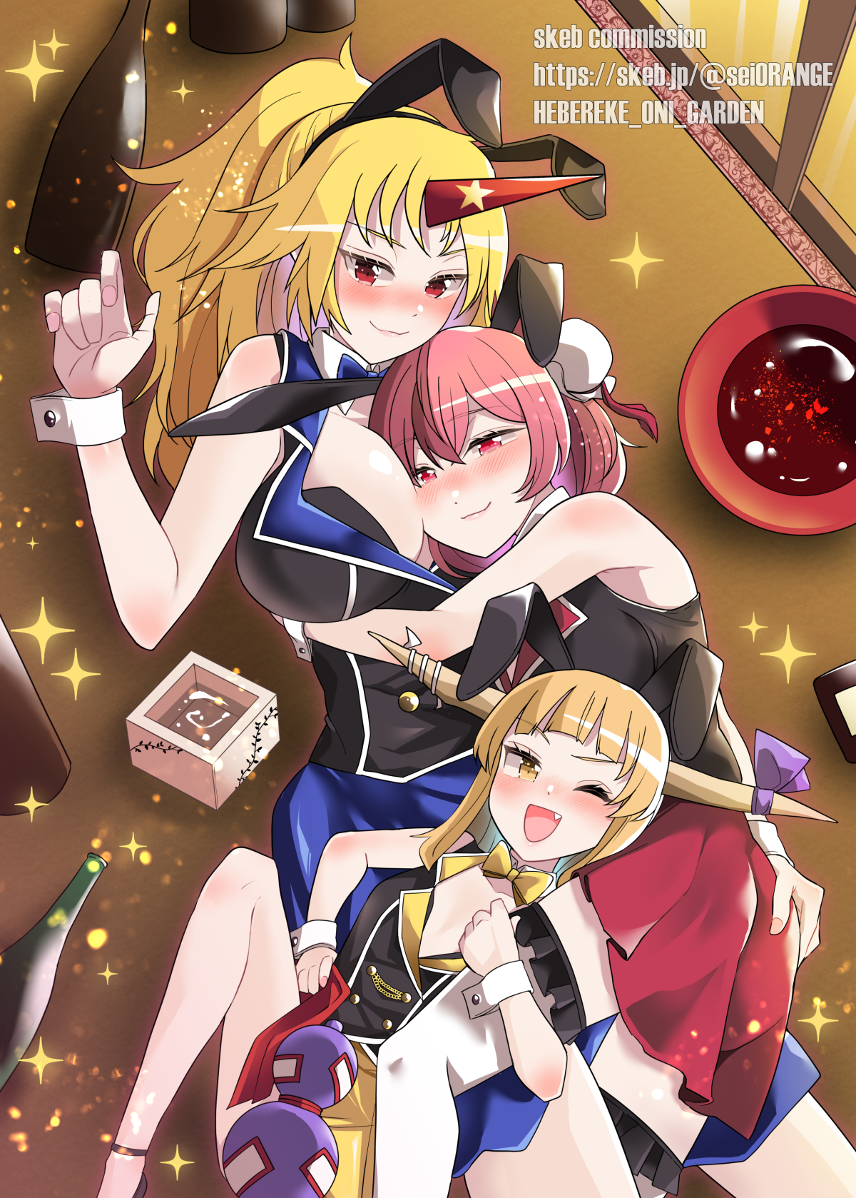 sei (kaien kien), hoshiguma yuugi, ibaraki kasen, ibuki suika, kana (bunny garden), miuka (bunny garden), rin (bunny garden), bunny garden, touhou, commission, highres, skeb commission, animal ears, black vest, blonde hair, bow, bowtie, breast pillow, breasts, collared vest, cosplay, double bun, fake animal ears, gourd, hair bun, head on chest, horns, hostess, hugging another's leg, kana (bunny garden) (cosplay), large breasts, miuka (bunny garden) (cosplay), nontraditional playboy bunny, pink hair, rabbit ears, red skirt, rin (bunny garden) (cosplay), single horn, skirt, vest, wrist cuffs, yellow bow, yellow bowtie