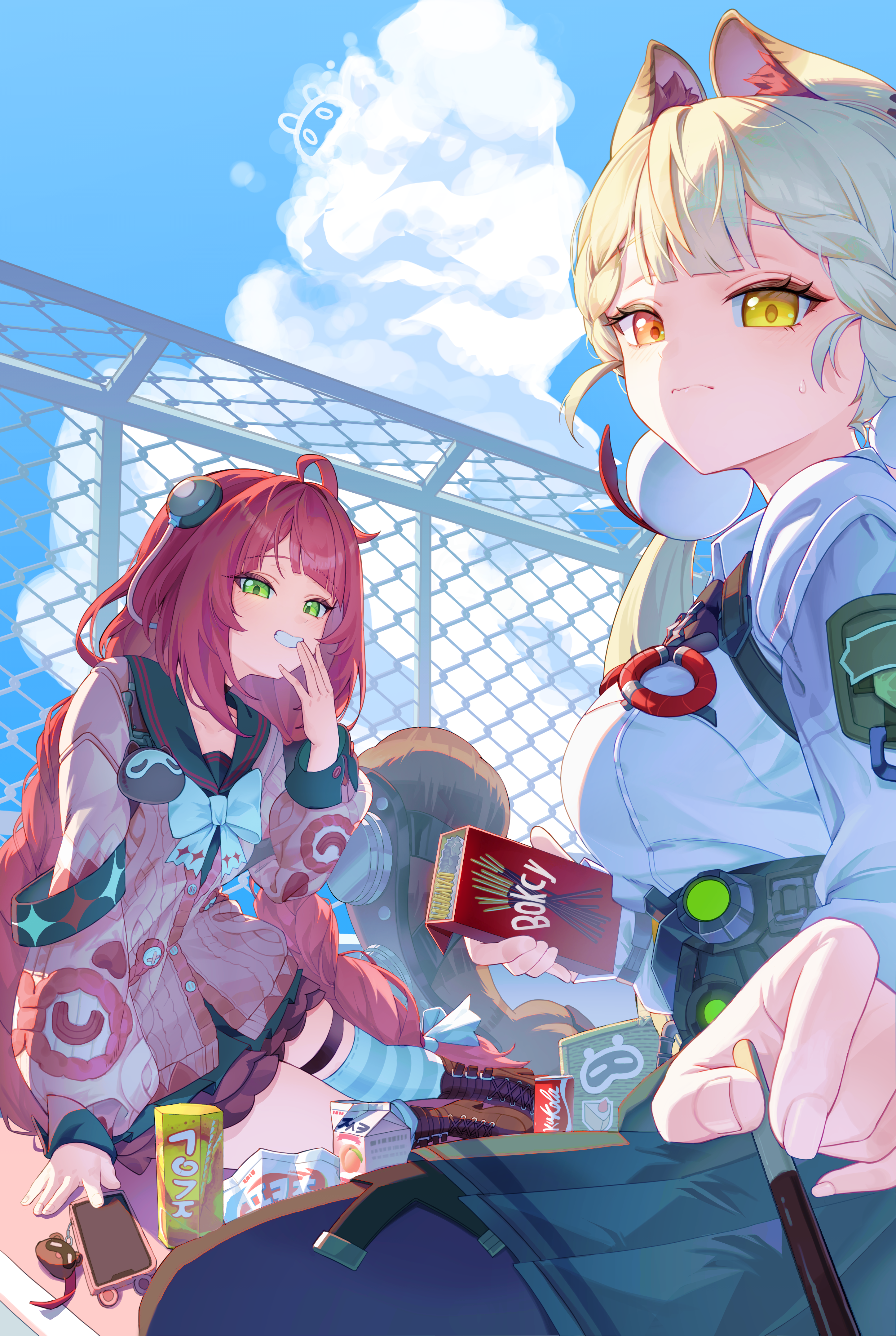 leegh19769, alice thymefield, kamanosuke (zenless zone zero), ukinami yuzuha, zenless zone zero, braided twintails, absurdres, highres, 2girls, animal, animal ears, backpack, bag, bag charm, belt, black pantyhose, black sailor collar, blue sky, boots, braid, brown boots, can, cardigan, cellphone, cellphone charm, charm (object), chest bow, closed mouth, cloud, covering own mouth, cumulonimbus cloud, drink, drink can, fence, food, green eyes, green skirt, grin, hair ornament, hearing aid, heterochromia, incoming gift, long hair, looking at viewer, multiple girls, outdoors, pantyhose, phone, pink cardigan, pocky, pov, rabbit ears, rabbit girl, raccoon, red eyes, red hair, sailor collar, school uniform, shirt, sitting, skirt, sky, smartphone, smile, soda can, sphere hair ornament, striped clothes, striped thighhighs, tanuki, thigh strap, thighhighs, twintails, white shirt, yellow eyes