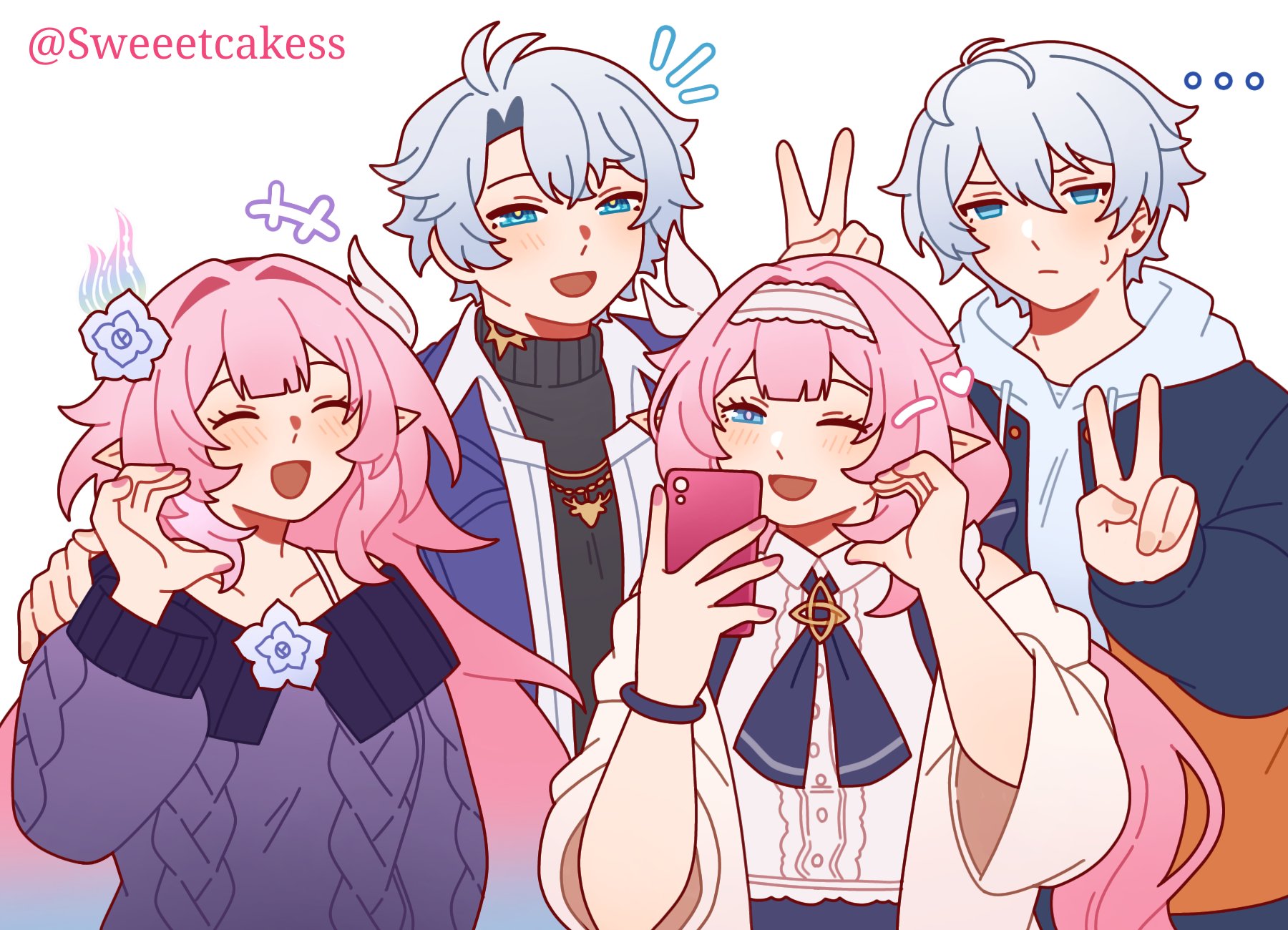 cyrene (honkai: star rail), cyrene (ripples of past reverie) (honkai: star rail), elysia (honkai impact), hino satoshi, inoue marina, kevin kaslana, phainon (honkai: star rail), honkai: star rail, honkai (series), honkai impact 3rd, commentary, commission, highres, ahoge, blue eyes, coat, company connection, elf, flower, hair flower, hair ornament, hairband, half-heart hands, holding, holding phone, jacket, long hair, multicolored jacket, open mouth, phone, pointy ears, purple jacket, purple sweater, shirt, short hair, sweater, sweeetcakess, twitter username, two-tone jacket, v, v over head, very long hair, voice actor connection, white coat, white hair, white hairband, white shirt, yanning