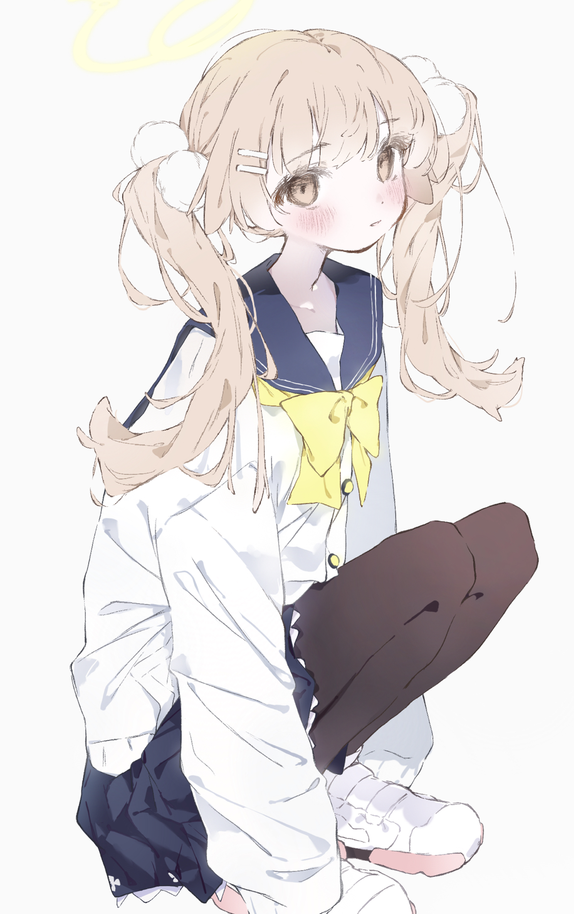 cram960, hifumi (blue archive), blue archive, commentary, english commentary, highres, 1girl, alternate hairstyle, blue sailor collar, blue skirt, blush, bow, bowtie, brown hair, brown pantyhose, full body, hair ornament, halo, long hair, long sleeves, looking at viewer, pantyhose, pom pom (clothes), pom pom hair ornament, sailor collar, school uniform, serafuku, shirt, shoes, simple background, skirt, sneakers, solo, squatting, twintails, very long hair, white background, white shirt, white shoes, yellow bow, yellow bowtie