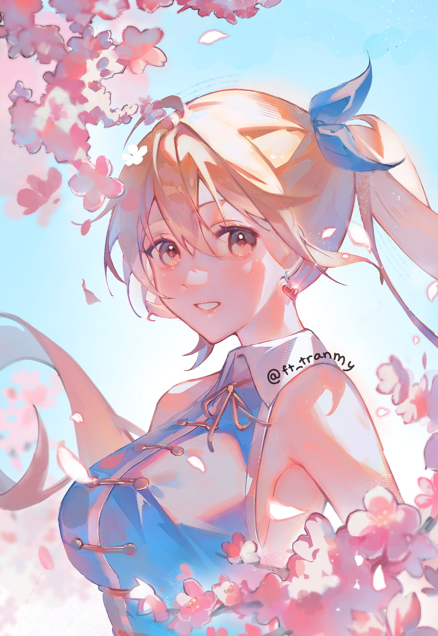 soupcari, lucy heartfilia, fairy tail, commentary, highres, 1girl, artist name, bare shoulders, blonde hair, blue background, blue shirt, breasts, collared shirt, earrings, glint, grin, heart, heart earrings, jewelry, large breasts, long hair, looking at viewer, pink petals, shirt, sleeveless, sleeveless shirt, smile, solo, twitter username, upper body