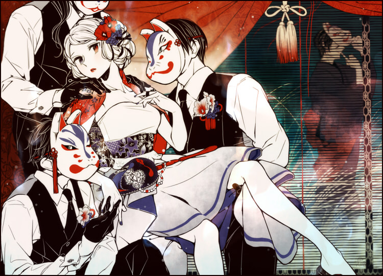 hanaze, original, 1girl, 3boys, bellflower, black eyes, black gloves, black hair, black necktie, black pants, black vest, boutonniere, braid, braided bun, buttoned cuffs, buttons, camellia, chinese bellflower, collarbone, colored skin, covered face, curtains, double bun, dress, expressionless, feet out of frame, floral print, flower, flower knot, folding screen, fox mask, geta, gloves, hair bun, hair flower, hair ornament, hair ribbon, half gloves, hand on own chest, hands on another's shoulders, heterochromia, holding another's leg, holding hands, indoors, jacket, jacket on shoulders, japanese clothes, limited palette, lipstick, long hair, looking at viewer, makeup, male harem, mask, medium dress, multiple boys, nail polish, necktie, on one knee, pants, parted lips, purple flower, purple nails, red eyes, red flower, red jacket, red lips, ribbon, sash, shirt, short hair, sitting, standing, strapless, strapless dress, swept bangs, tassel, unworn mask, vest, waist sash, white dress, white flower, white hair, white shirt, white skin