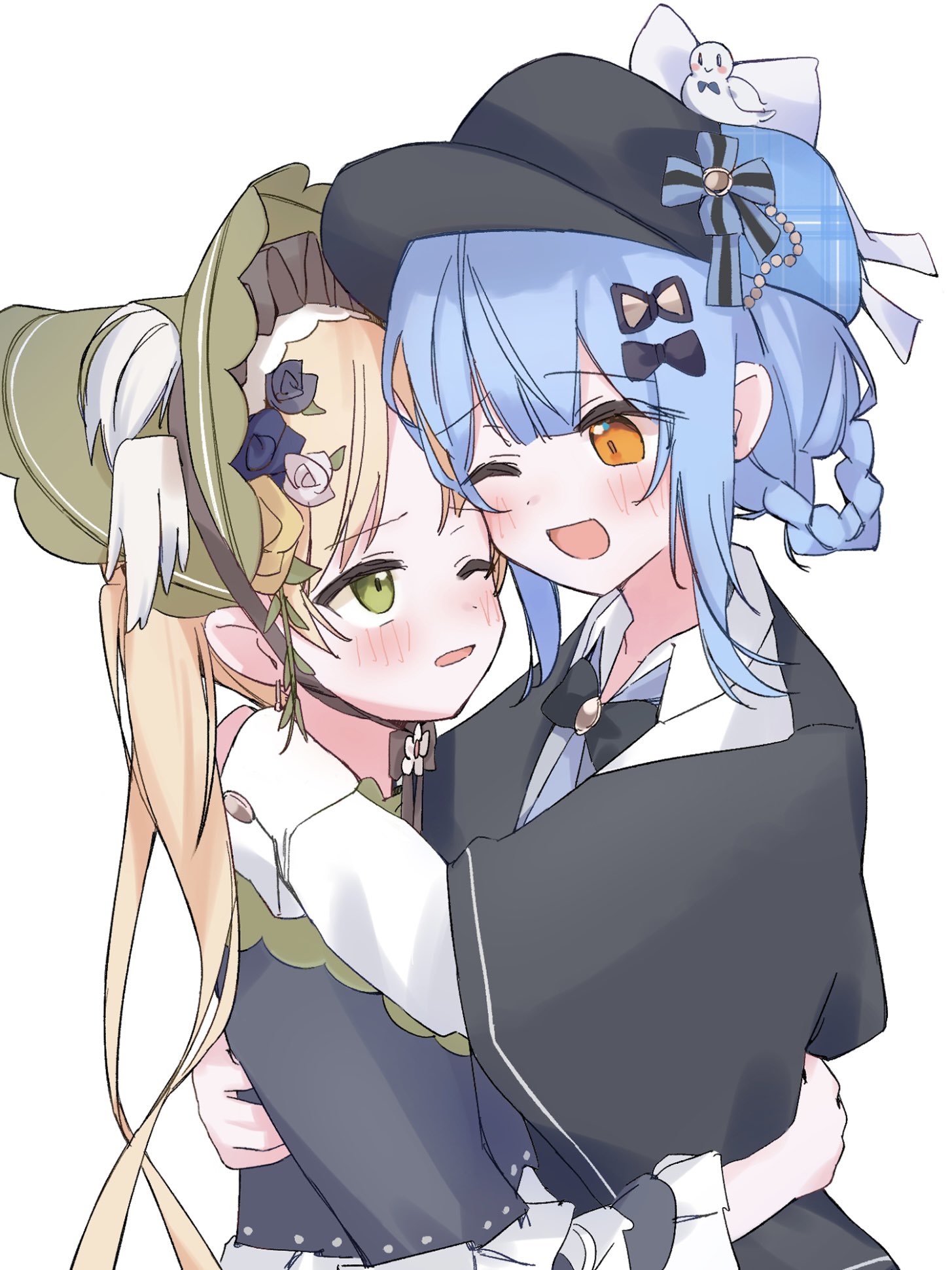 tachibana sherry, tono hanna, mahou shoujo no majo saiban, highres, 2girls, black capelet, black flower, black rose, blonde hair, blue hair, blush, braid, braided hair rings, capelet, deerstalker, flower, green bonnet, green eyes, hair rings, hat, heads together, hug, lolita fashion, long hair, looking at another, magical girl, multiple girls, nekobanana (m23453456), one eye closed, open mouth, rose, short hair, simple background, smile, twintails, white background, yellow eyes