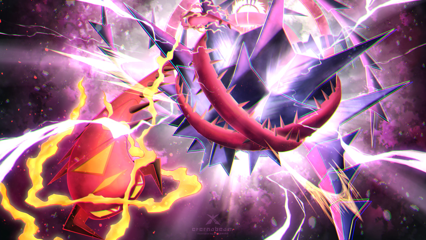 pori, centiskorch, eternatus, gigantamax centiskorch, nintendo, pokemon, commentary request, chromatic aberration, dynamax, electricity, gen 8 pokemon, gigantamax, glowing, legendary pokemon, pokemon (creature), pokemon battle, purple background, red eyes