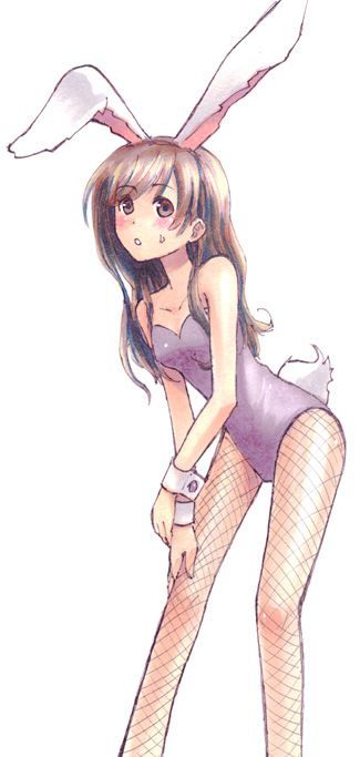 toudou shimako, maria-sama ga miteru, 00s, 1girl, animal ears, blush, brown hair, fake animal ears, female focus, fishnet pantyhose, fishnets, pantyhose, playboy bunny, rabbit ears, solo, sweatdrop, tail