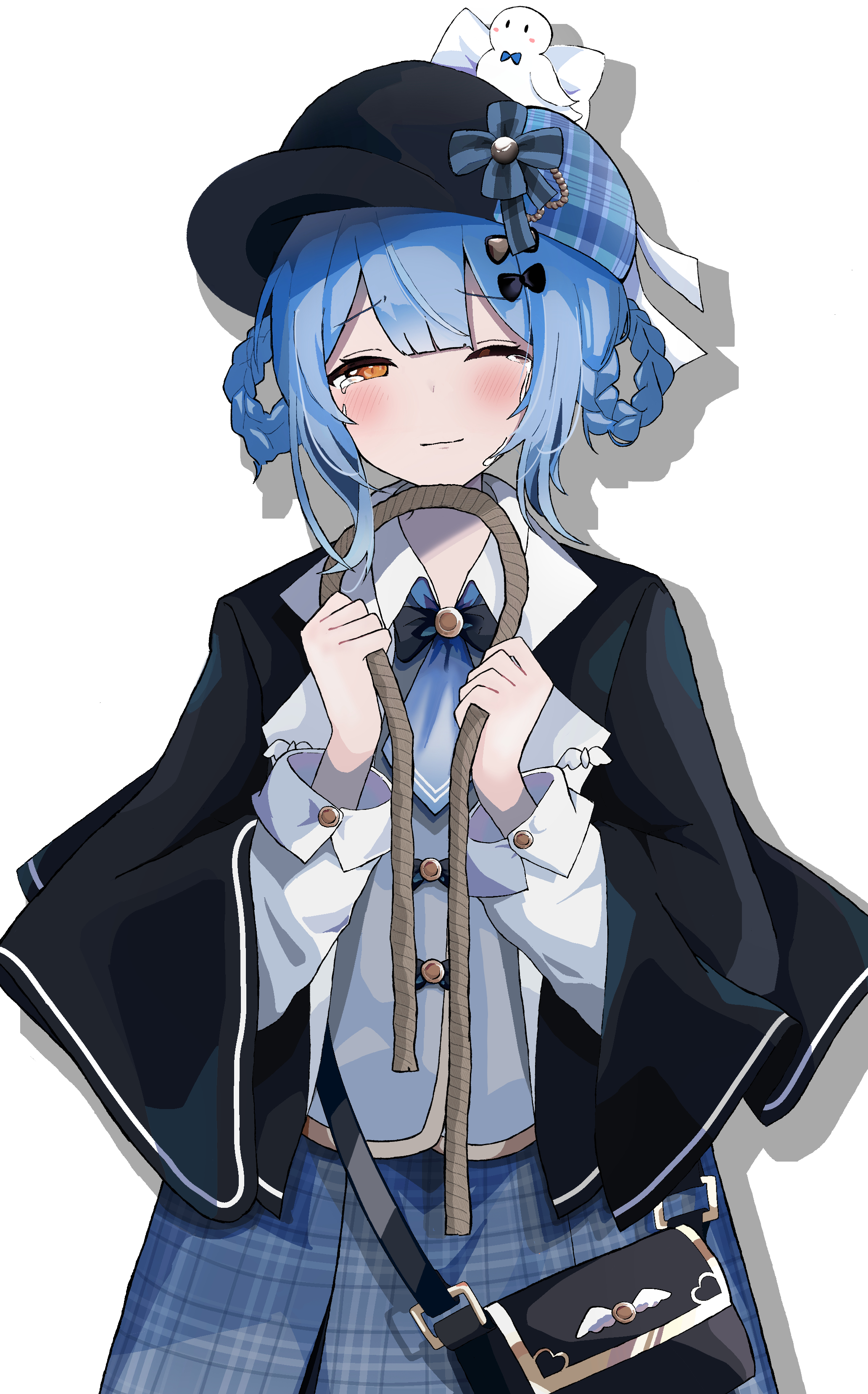 tachibana sherry, mahou shoujo no majo saiban, absurdres, highres, 1girl, black bag, black capelet, black hat, blue hair, blue necktie, blue skirt, braid, braided hair rings, capelet, closed mouth, collared shirt, cowboy shot, detective, hair rings, hands up, hat, holding, holding rope, jasei, long sleeves, looking at viewer, necktie, one eye closed, pleated skirt, rope, shirt, short hair, simple background, skirt, smile, solo, standing, tearing up, tears, white background, white shirt, yellow eyes