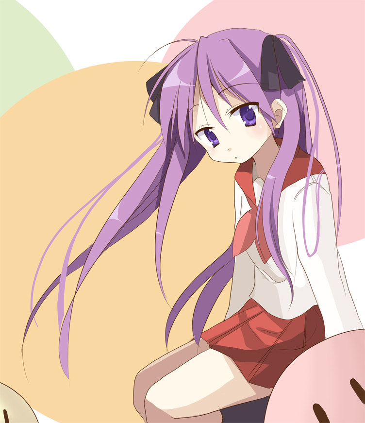 chocho (homelessfox), hiiragi kagami, clannad, dango daikazoku, lucky star, bad id, bad pixiv id, 00s, 1girl, company connection, female focus, legs, long hair, purple eyes, purple hair, school uniform, serafuku, sitting, skirt, solo, twintails