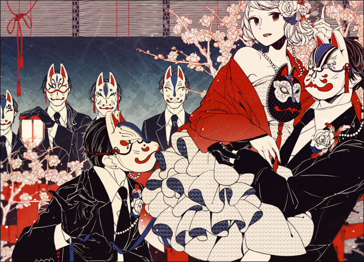 hanaze, original, 1girl, 6+boys, bamboo screen, beads, black eyes, black gloves, black hair, black jacket, black necktie, blue background, blue ribbon, boutonniere, carrying, carrying person, cherry blossoms, child carry, collarbone, colored skin, covered face, cuff links, double bun, dress, earrings, feet out of frame, flower, flower knot, fox mask, fox shadow puppet, frilled dress, frills, gloves, hair beads, hair bun, hair flower, hair ornament, heterochromia, holding, holding lantern, holding mask, holding ribbon, jacket, jewelry, lantern, lapels, light particles, limited palette, lipstick, long hair, looking at viewer, low ponytail, makeup, male harem, mask, medium dress, multiple boys, nail polish, necklace, necktie, notched lapels, parted lips, pearl necklace, pink flower, plume, ponytail, red eyes, red flower, red lips, red nails, red shawl, ribbon, rose, shawl, shirt, short hair, single bare shoulder, smile, strapless, strapless dress, stud earrings, suit jacket, swept bangs, tassel, unworn mask, upper body, white dress, white flower, white hair, white rose, white shirt, white skin