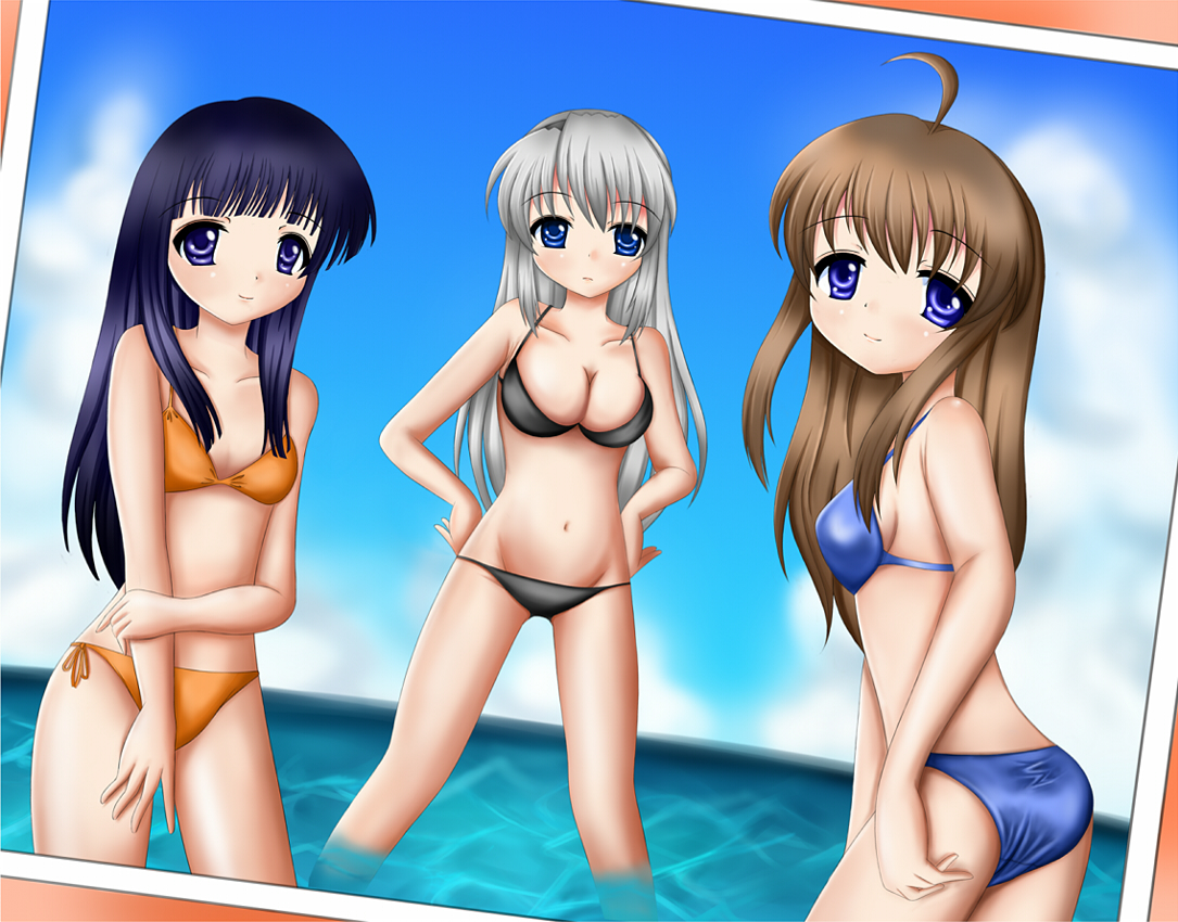 fujieda hiro, miyazawa yukine, nishina rie, sakagami tomoyo, clannad, silver hair, 00s, 3girls, ahoge, ass, bikini, blue eyes, blue hair, breasts, brown hair, cleavage, day, large breasts, long hair, medium breasts, multiple girls, photo (object), swimsuit, wading, water