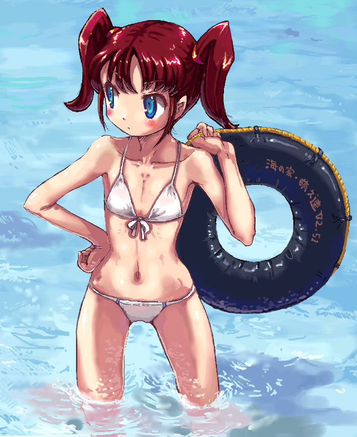 otter kawauso, bad id, bad pixiv id, 1girl, bikini, blue eyes, brown hair, collarbone, female focus, flat chest, innertube, short hair, solo, swim ring, swimsuit, thigh gap, thighs, twintails, wading, water, white bikini