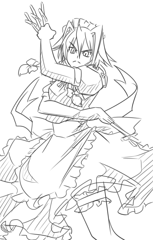 wabi (wbsk), wabi tsubaki, izayoi sakuya, touhou, 1girl, between fingers, female focus, greyscale, holding, knife, maid, monochrome, solo, throwing knife, weapon
