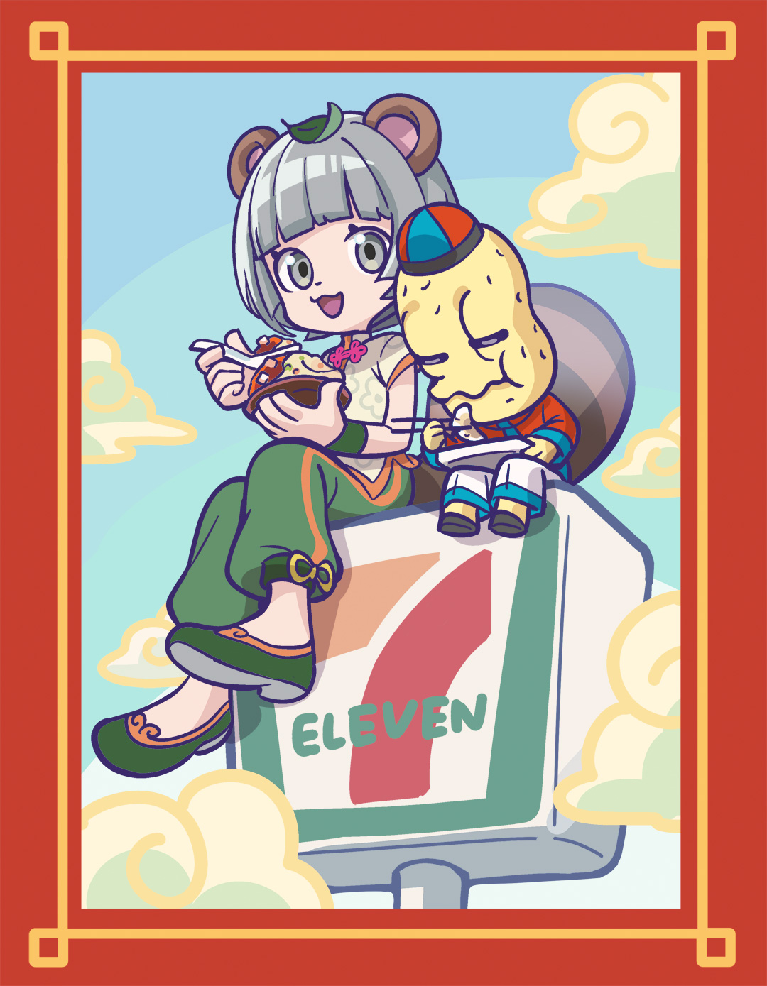 tantan notan, peanuts-kun, ponpoko (vtuber), 7-eleven, mode aim, commentary request, highres, 1boy, 1girl, :3, animal ears, cloud, curry, curry rice, dumpling, eating, food, green pants, green shoes, grey hair, jiaozi, open mouth, pants, raccoon ears, raccoon tail, rice, shoes, sitting, tail