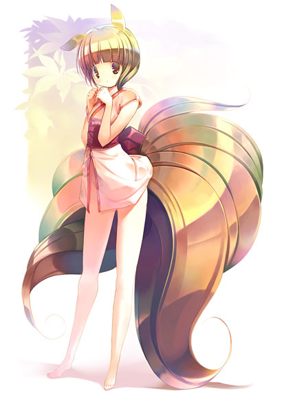 hanpen, md5 mismatch, 1girl, animal ears, barefoot, bottomless, cat ears, cat tail, female focus, multicolored hair, no panties, ribbon, solo, tail