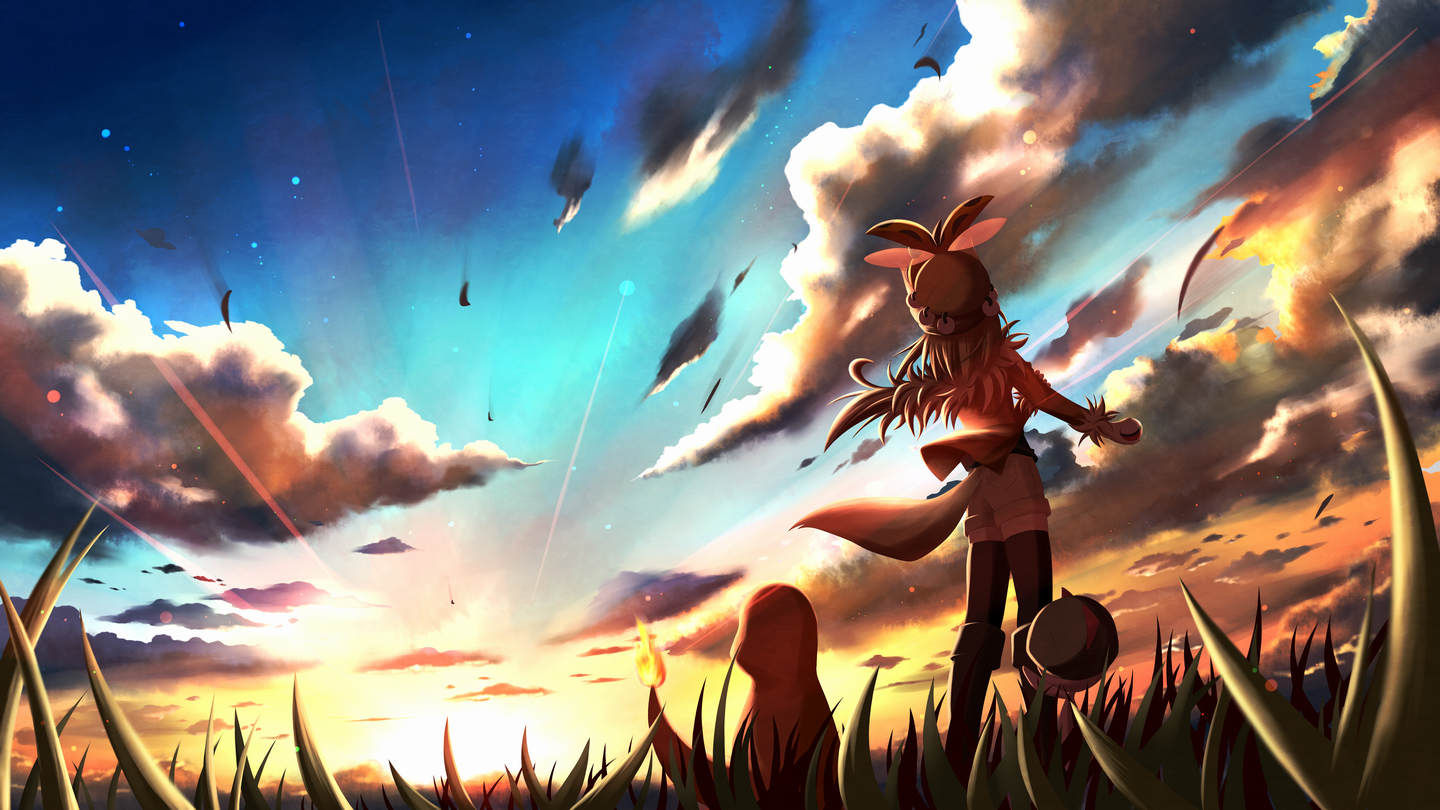 pori, charmander, ledyba, ralts, nintendo, pokemon, commentary request, 1girl, black thighhighs, blue sky, boots, cloud, field, fire, flame-tipped tail, from behind, gen 1 pokemon, gen 2 pokemon, gen 3 pokemon, holding, holding poke ball, long hair, on head, poke ball, pokemon (creature), pokemon on head, shorts, sky, sunset, tail, thighhighs, wide shot, wolf girl, wolf tail