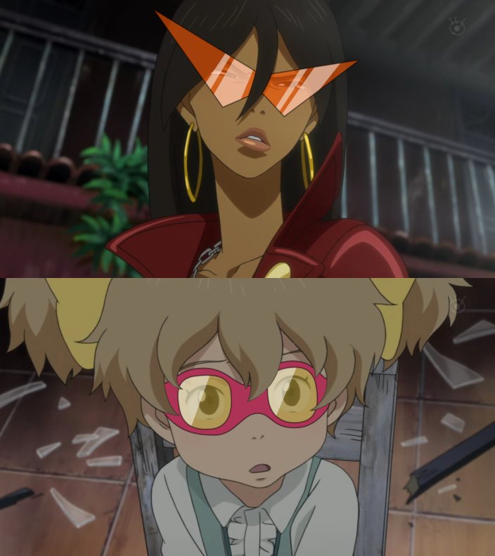 hatchin morenos, kamina (ttgl), michiko malandro, simon (ttgl), michiko to hacchin, tengen toppa gurren lagann, third-party edit, 2girls, age difference, brown hair, cosplay, dark-skinned female, dark skin, earrings, fake screenshot, goggles, hoop earrings, jewelry, kamina (cosplay), kamina shades, mother and daughter, multiple girls, parody, simon (cosplay), sunglasses, triangular eyewear, twintails