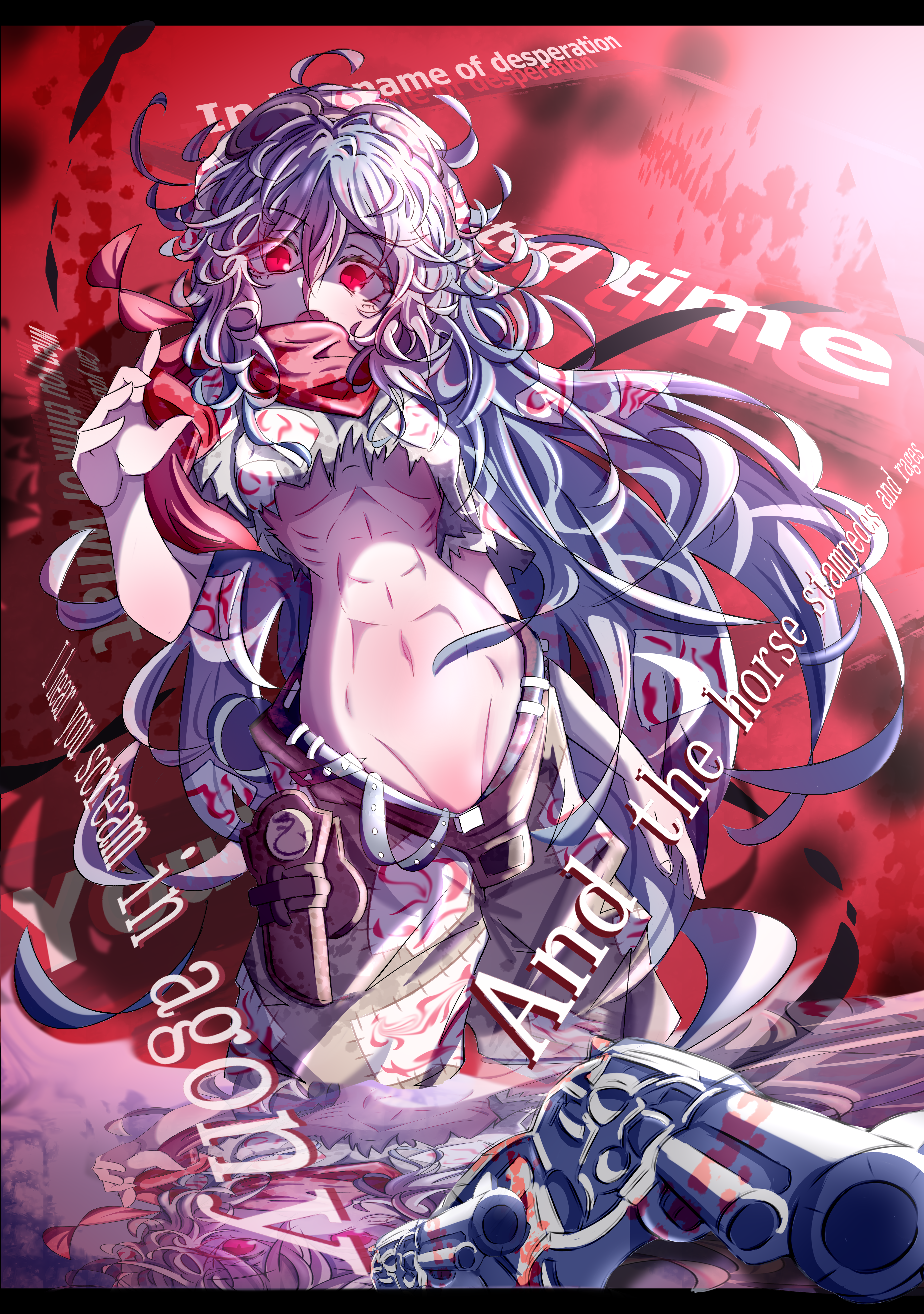 yorigami shion, touhou, absurdres, highres, alternate costume, belt, blue hair, boxerrudy, long hair, looking at viewer, mechanical arms, pants, red eyes, scarf, single mechanical arm, solo