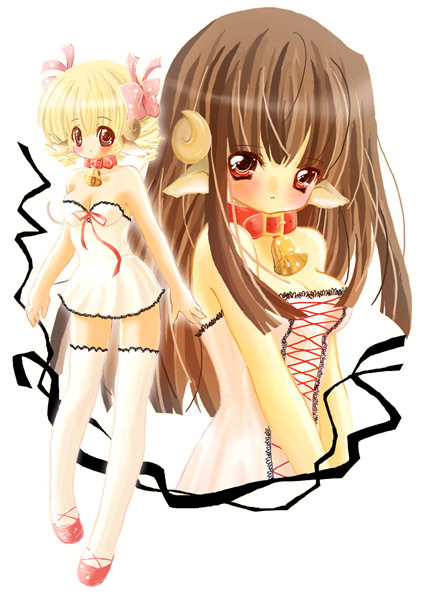2girls, bell, blonde hair, blush, bow, breasts, brown hair, cleavage, collar, dress, horns, multiple girls, neck bell, red eyes, ribbon, sheep, sheep horns, short dress, small breasts, thighhighs, white thighhighs, zettai ryouiki