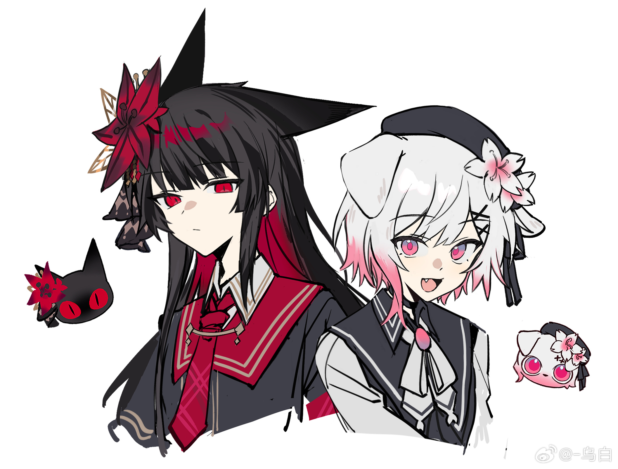 wuubaiwan, nikaido hiro, sakuraba ema, mahou shoujo no majo saiban, chinese commentary, commentary request, highres, 2girls, :d, animal ears, animalization, black hair, black hat, blunt bangs, cat, cat ears, closed mouth, cropped torso, dog, dog ears, fang, flower, gradient hair, hair flower, hair ornament, hat, kemonomimi mode, long hair, looking at viewer, magical girl, multicolored hair, multiple girls, open mouth, person and animalization, pink eyes, pink hair, red eyes, short hair, simple background, slit pupils, smile, upper body, watermark, weibo watermark, white background, white hair, x hair ornament