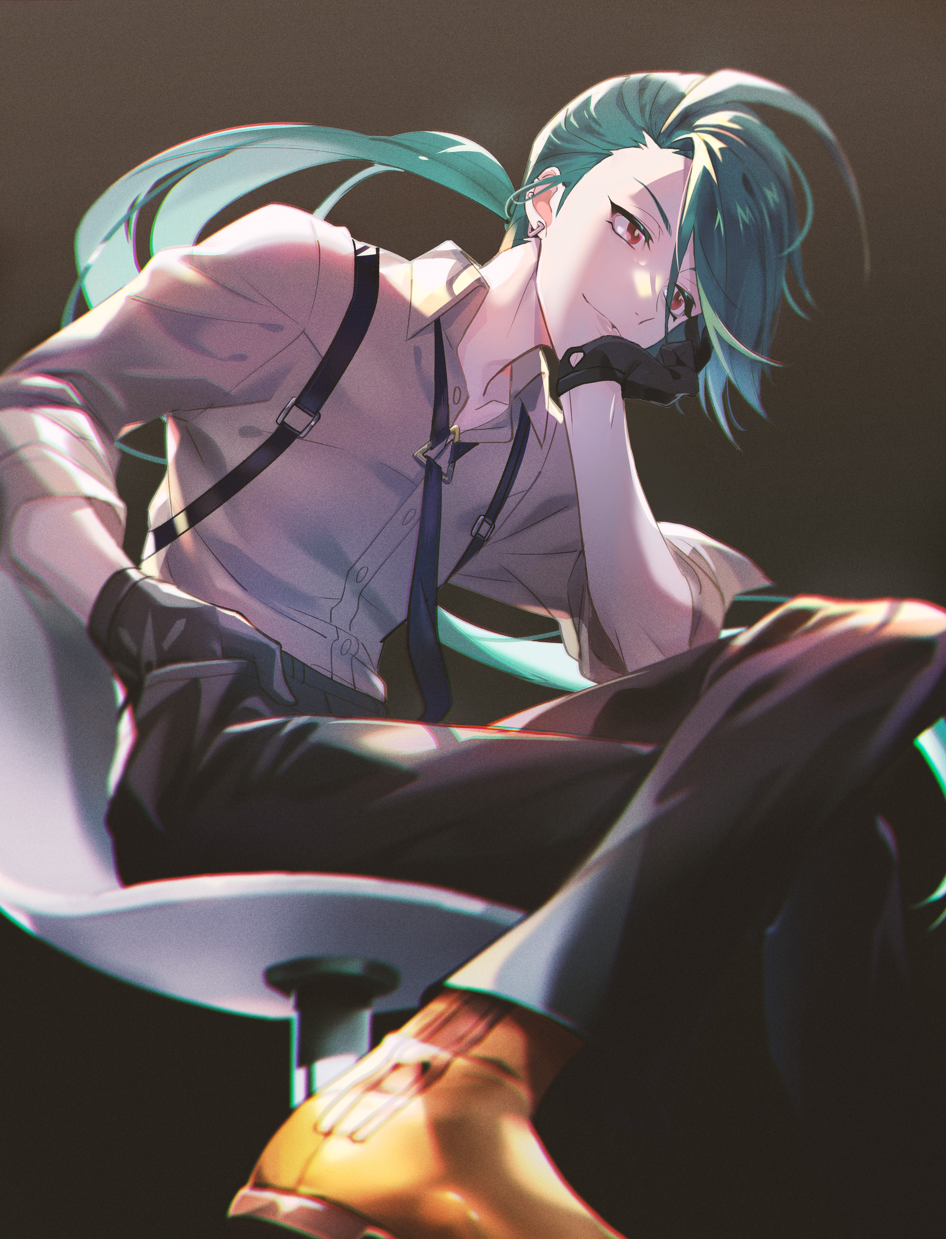 tantan notan, rika (pokemon), nintendo, pokemon, pokemon sv, absurdres, highres, 1girl, black gloves, black necktie, black pants, brown background, brown shoes, chair, closed mouth, crossed legs, gloves, green hair, grey shirt, hand in pocket, hand on own face, long hair, looking ahead, necktie, pants, ponytail, shirt, shoes, sitting, solo, suspenders