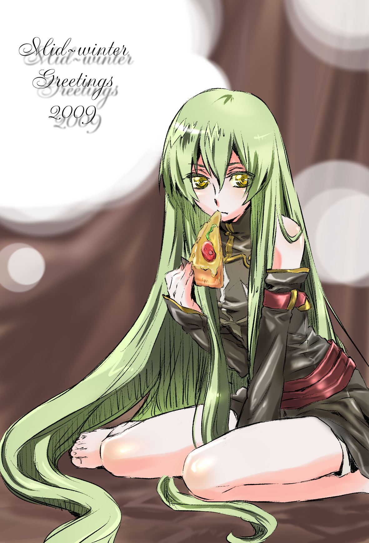 sakurai, sakurai(pixiv2922188), c.c., code geass, bad id, bad pixiv id, highres, 00s, 1girl, 2009, bad anatomy, barefoot, eating, female focus, food, green hair, legs, long hair, pizza, poorly drawn, solo, very long hair, yellow eyes