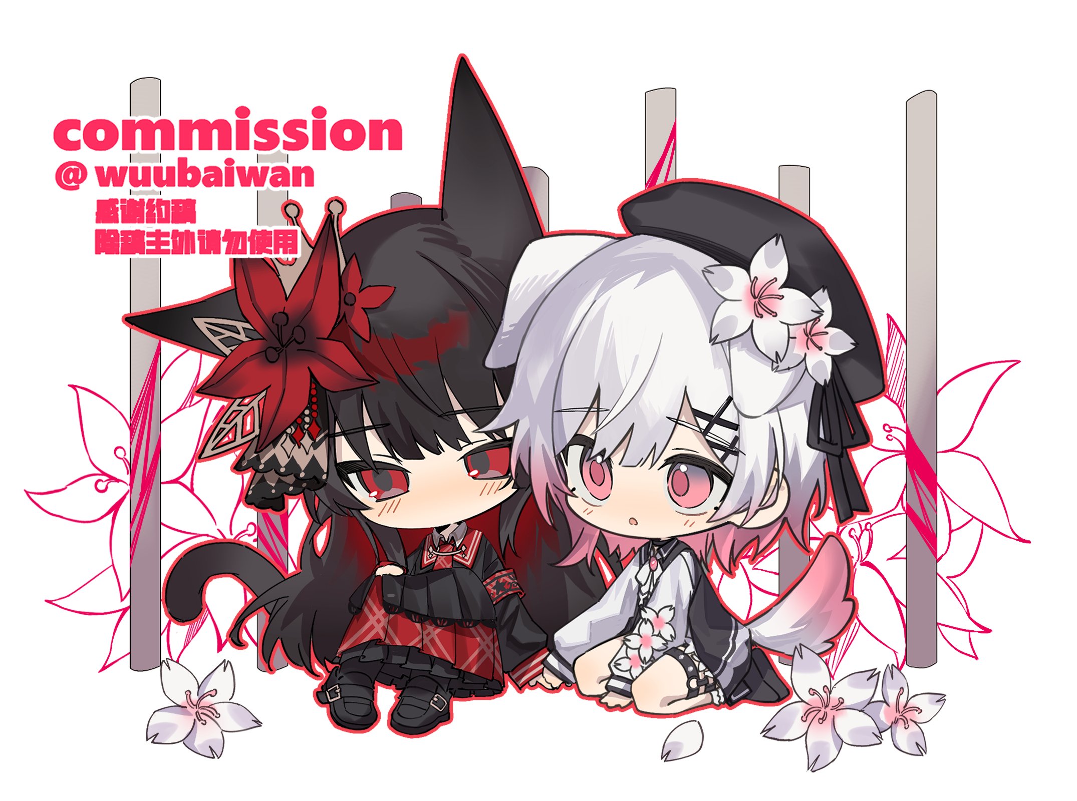 wuubaiwan, nikaido hiro, sakuraba ema, mahou shoujo no majo saiban, commission, highres, 2girls, animal ears, beret, black hair, black hat, black shoes, blood, blush, cat ears, cat girl, cat tail, cherry blossoms, chibi, chibi only, dog ears, dog girl, dog tail, flower, full body, gradient hair, hair flower, hair ornament, hat, kemonomimi mode, long hair, long sleeves, looking at another, magical girl, multicolored hair, multiple girls, necktie, open mouth, pink blood, pink eyes, pink hair, red eyes, red flower, red necktie, red skirt, shoes, short hair, sitting, skirt, tail, white background, white flower, white hair, x hair ornament