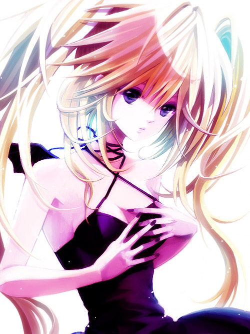 nire, nire (scissors), hoshina utau, shugo chara!, 1girl, armpits, bare shoulders, blonde hair, blue eyes, collarbone, criss-cross halter, female focus, halterneck, hands on own chest, looking at viewer, nail polish, purple nails, simple background, solo, twintails, upper body, white background