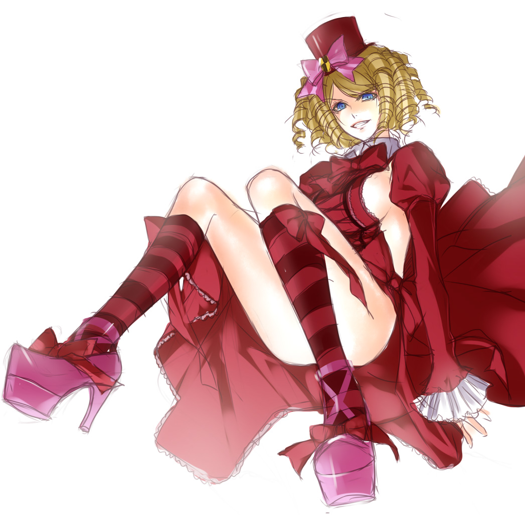 doraimango, gaap (umineko), umineko no naku koro ni, platform footwear, bad id, bad pixiv id, 00s, 1girl, blonde hair, blue eyes, bow, breasts, censored, convenient censoring, convenient leg, curly hair, dress, drill hair, fang, female focus, gothic lolita, grin, hat, high heels, large breasts, lolita fashion, mini hat, mini top hat, pink bow, platform heels, platform shoes, ribbon, ringlets, shoes, sideboob, smile, socks, solo, striped clothes, striped socks, top hat