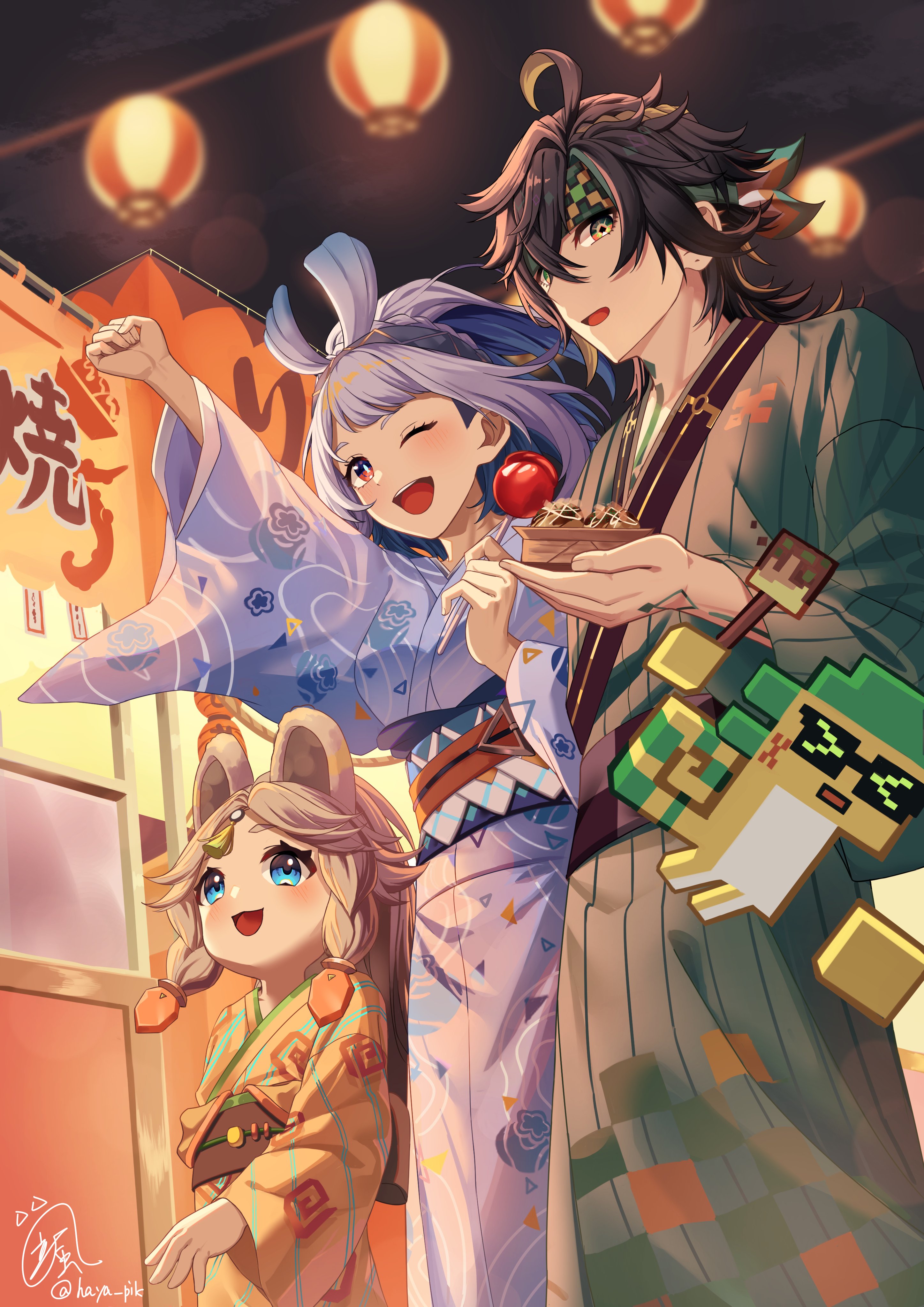 haya pik, ajaw (genshin impact), kachina (genshin impact), kinich (genshin impact), mualani (genshin impact), genshin impact, absurdres, highres, 1boy, 2girls, animal ears, black hair, blonde hair, blue eyes, blue hair, blue kimono, braid, candy apple, food, green eyes, green hair, green headband, green kimono, grey hair, hair between eyes, hairband, headband, holding, holding candy apple, holding food, japanese clothes, kimono, long hair, long sleeves, multicolored hair, multiple girls, one eye closed, open mouth, red eyes, short hair, smile, takoyaki, white hair, yellow kimono