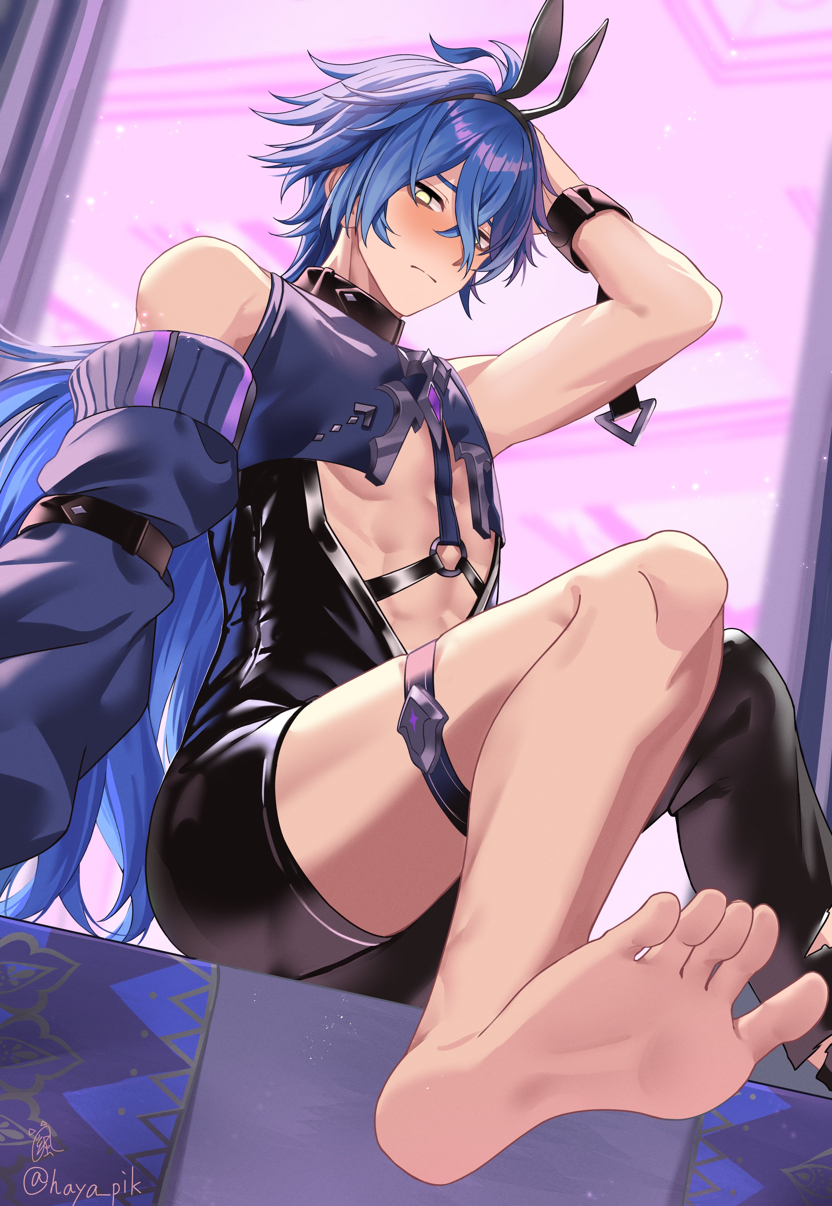haya pik, flins (genshin impact), genshin impact, absurdres, highres, 1boy, animal ears, barefoot, black hairband, black shirt, black shorts, black sleeves, black thighhighs, blue hair, blush, closed mouth, clothing cutout, fake animal ears, feet, hairband, long hair, male focus, rabbit ears, shirt, shorts, single sleeve, single thighhigh, solo, thighhighs, toes, torn clothes, torn thighhighs, yellow eyes