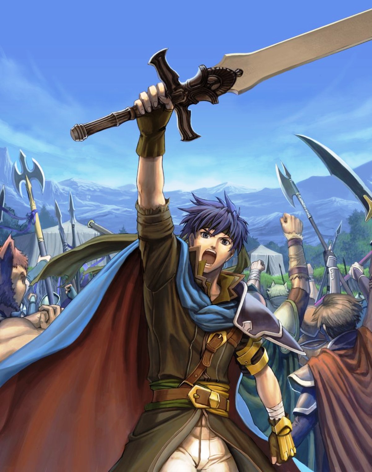 ike (fire emblem), fire emblem, fire emblem: path of radiance, nintendo, highres, official art, 1boy, animal ears, armor, blue eyes, blue hair, brown hair, cape, gloves, headband, male focus, solo focus, sword, weapon