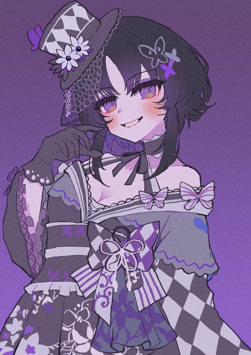nenbutsu 0416, housho margo, mahou shoujo no majo saiban, commentary request, 1girl, bare shoulders, black choker, black gloves, black hair, black hat, black kimono, breasts, bug, butterfly, butterfly hair ornament, checkered sleeves, choker, cleavage, eyeshadow, frilled sleeves, frills, gloves, hair ornament, hand up, hat, insect, japanese clothes, kimono, lolita fashion, long sleeves, looking at viewer, magical girl, makeup, medium breasts, medium hair, obi, parted bangs, purple background, purple butterfly, purple eyes, purple eyeshadow, sash, smile, solo, top hat, wa lolita