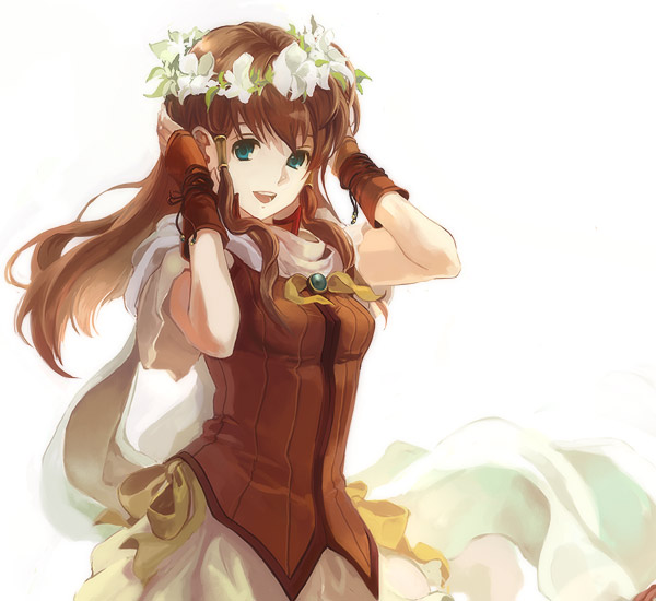 hanakago, mist (fire emblem), mist (radiant dawn) (fire emblem), fire emblem, fire emblem: path of radiance, fire emblem: radiant dawn, nintendo, blue eyes, brown hair, flower, gloves, hair tubes, long hair, simple background, smile, solo, white background