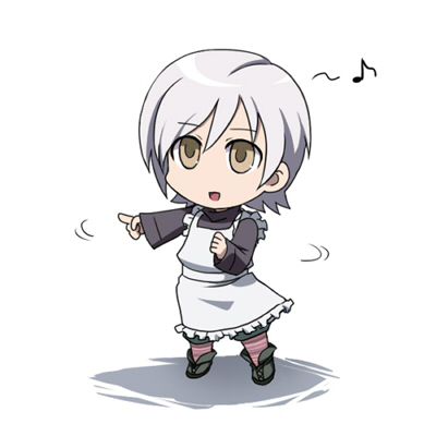 sunny emmerich, metal gear (series), metal gear solid, metal gear solid 4: guns of the patriots, lowres, 1girl, brown eyes, chibi, female focus, musical note, pantyhose, short hair, smile, solo, white hair